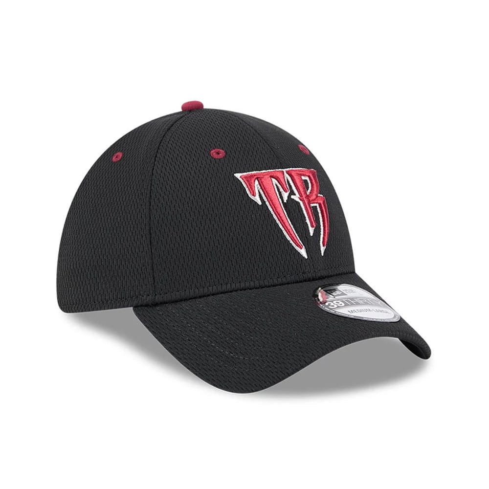 Timber Rattlers MiLB Batting Practice Black New Era 39THIRTY Stretch Fit Cap, three-quarter view showing the raised red TR logo on the front panels, a red top button, red eyelets, and a 39THIRTY size sticker on the black curved visor.