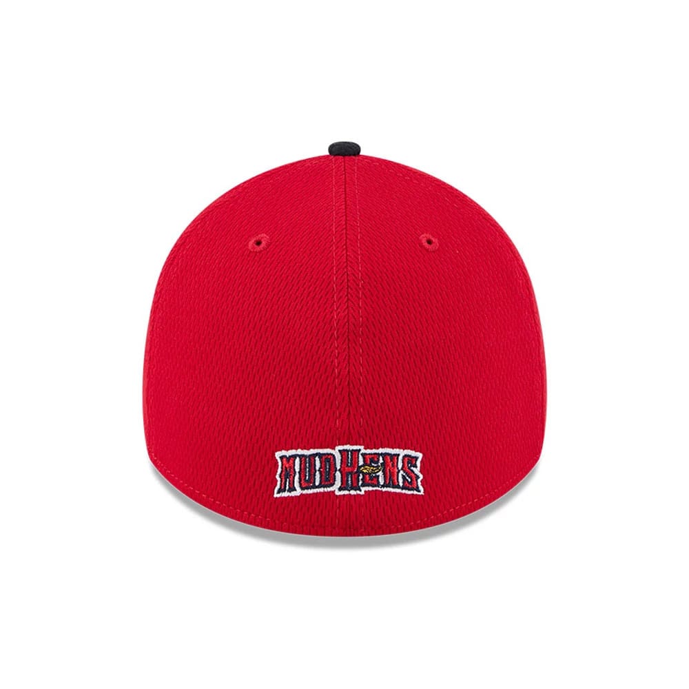 Toledo Mud Hens MiLB Batting Practice Red New Era 39THIRTY Stretch Fit Cap, rear view showing the Mud Hens logo embroidered in white and blue across the lower part of the red structured crown, beneath a central black top button.