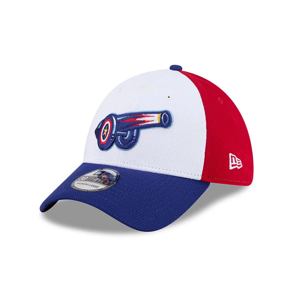 Pictured is this MiLB Batting Practice Kannapolis Cannon Ballers 39THIRTY Stretch Fit cap in red. 1