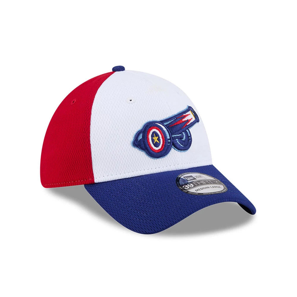 Pictured is this MiLB Batting Practice Kannapolis Cannon Ballers 39THIRTY Stretch Fit cap in red. 4