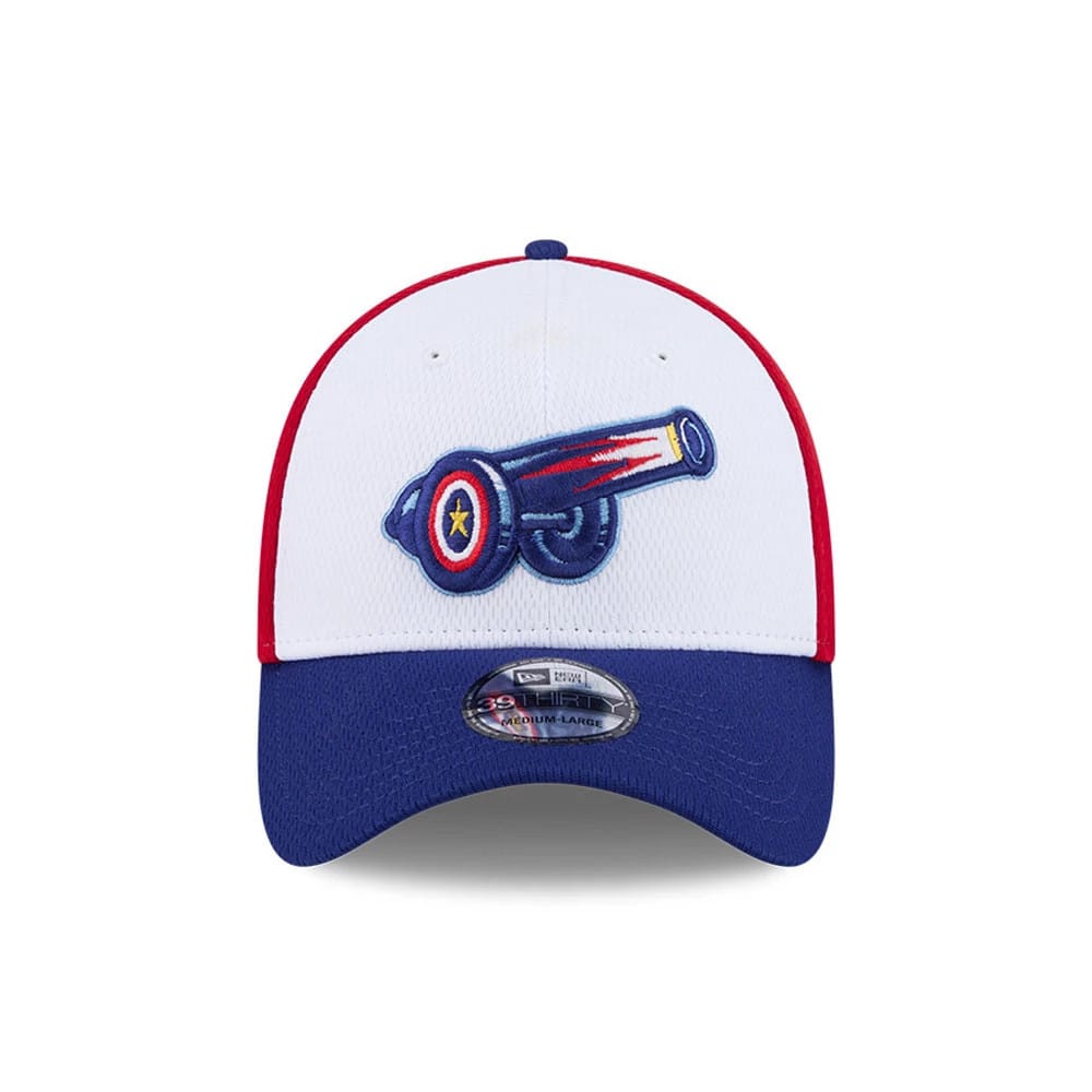 Pictured is this MiLB Batting Practice Kannapolis Cannon Ballers 39THIRTY Stretch Fit cap in red. 3