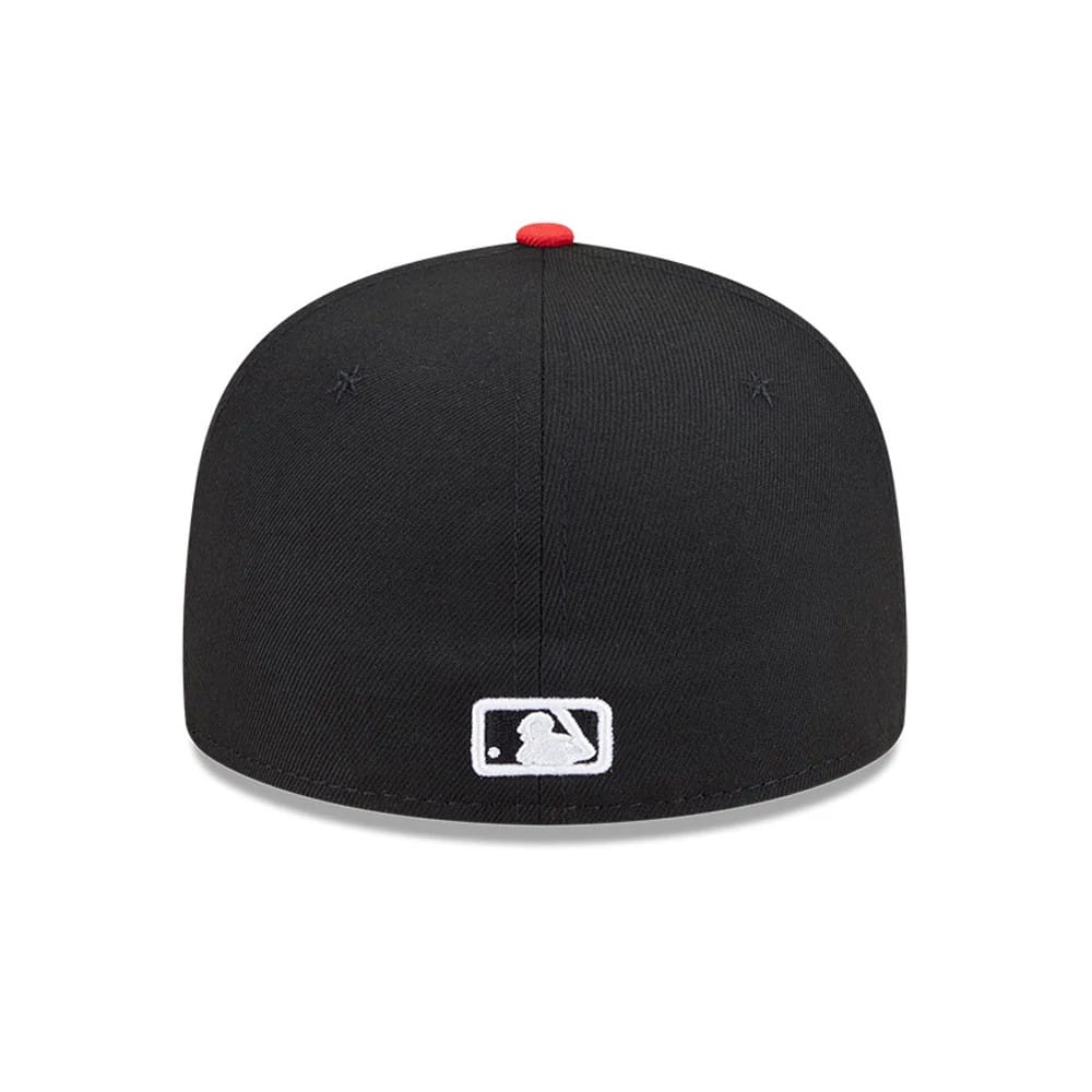 Chicago White Sox MLB City Connect Black New Era 59FIFTY Fitted Cap, rear view showing the white embroidered MLB Batterman logo at the centre back, with a red top button on the black structured crown.