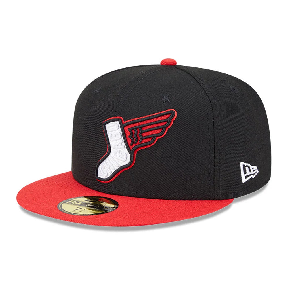 Chicago White Sox MLB City Connect Black New Era 59FIFTY Fitted Cap, three-quarter view showing the white and red embroidered sock logo on the front panel, with a red top button, red visor and gold 59FIFTY size sticker.