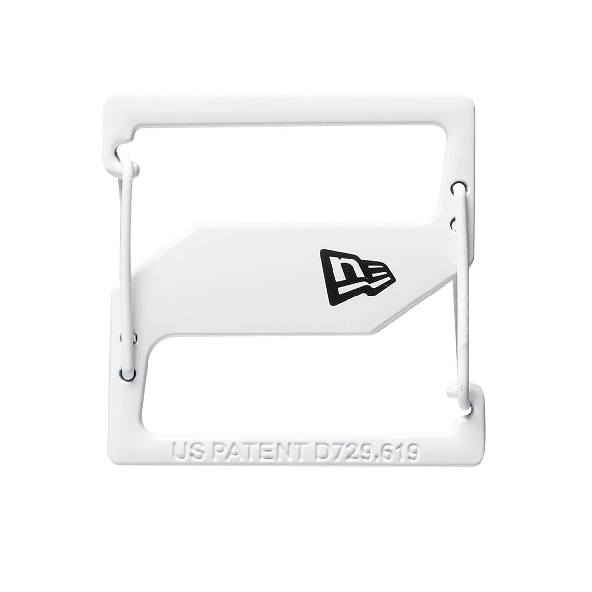 New Era White Cap Clip, close-up showing the rectangular shape with a cut-out handle, black New Era flag logo centred on the white body, and the US Patent D729,619 engraved at the bottom edge.