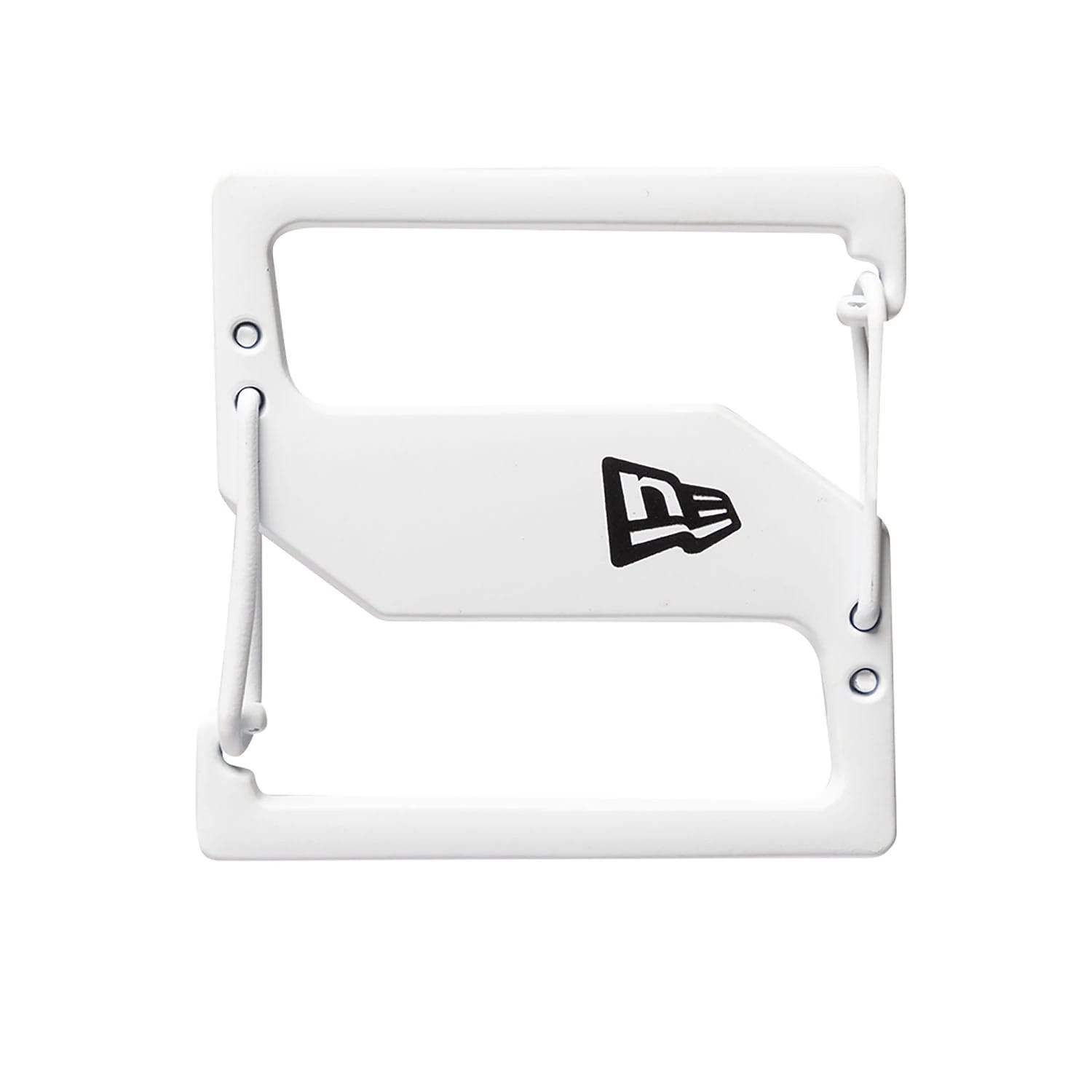 New Era White Cap Clip, front view showing the rectangular design with a centred black New Era flag logo and a white elastic cord looped through two side holes for attaching to a cap.