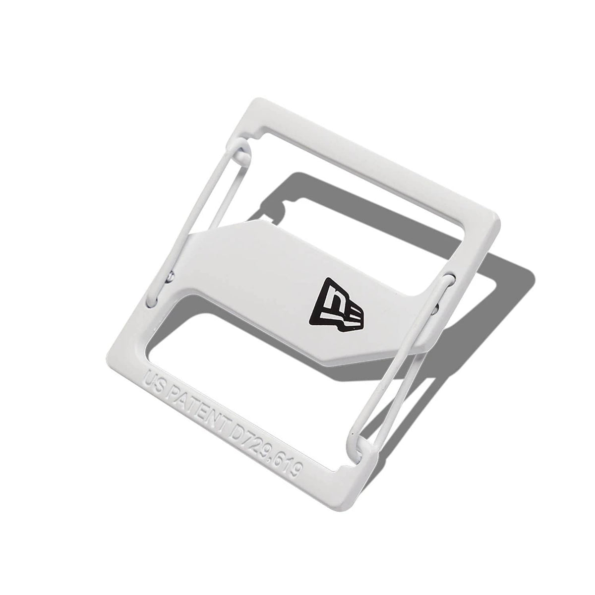 New Era White Cap Clip, top view showing the central white body emblazoned with the black New Era flag logo, framed by white borders with rounded corners, and features patent details along the bottom edge.