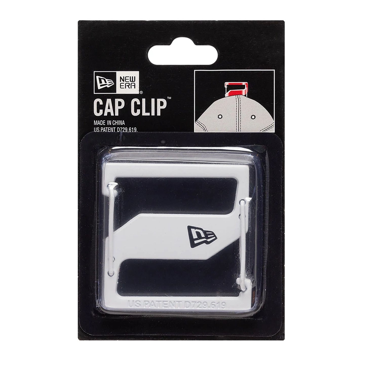 New Era White Cap Clip, front view showing a white clip with the New Era flag logo, packaged in clear plastic on a black backing card with product details and an illustration of usage on the top panel.