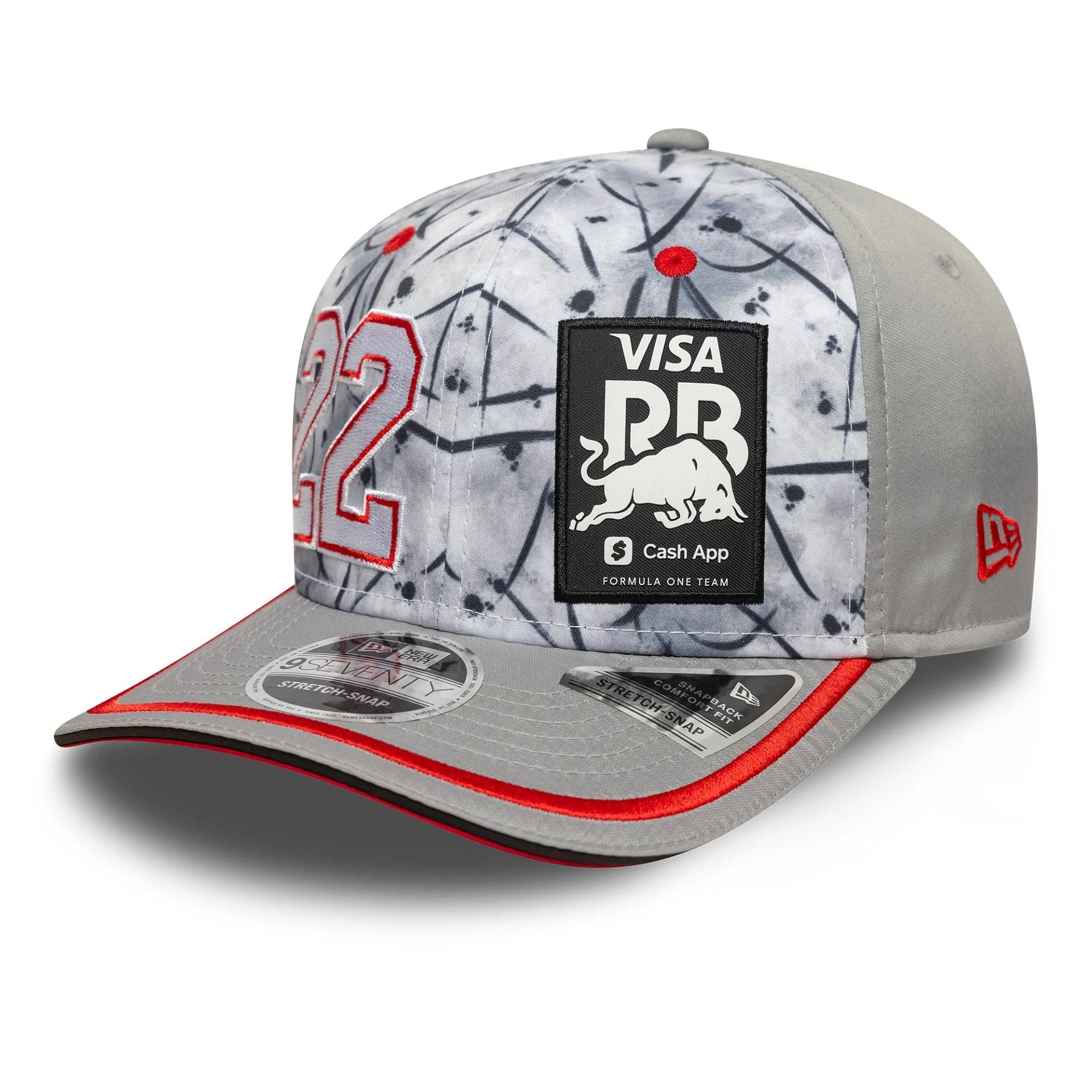 This is a Visa Cash App Racing Bulls Yuki Tsunoda Japan Race Special Grey 9SEVENTY Stretch Snap Adjustable Cap 1