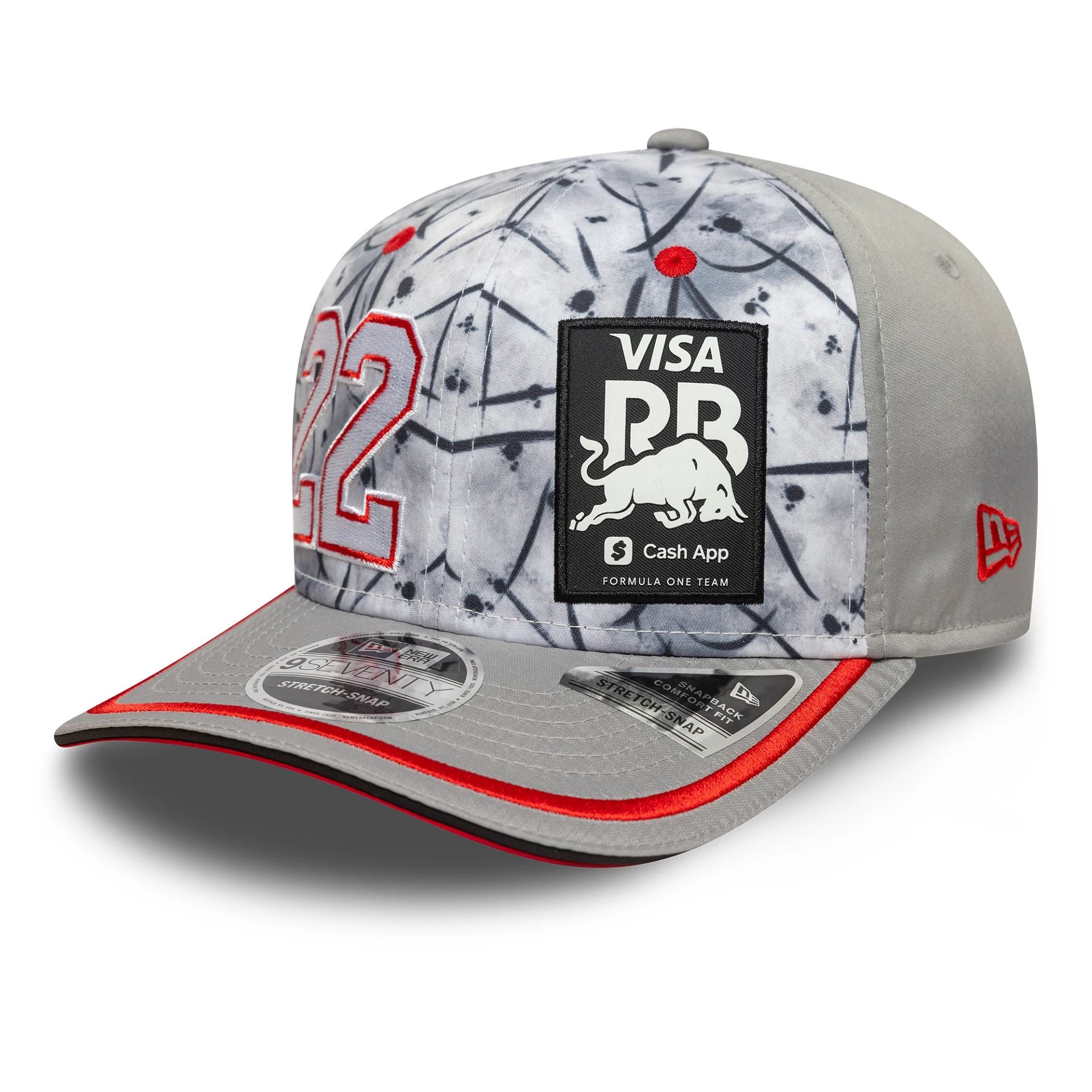 This is a Visa Cash App Racing Bulls Yuki Tsunoda Japan Race Special Grey 9SEVENTY Stretch Snap Adjustable Cap 1