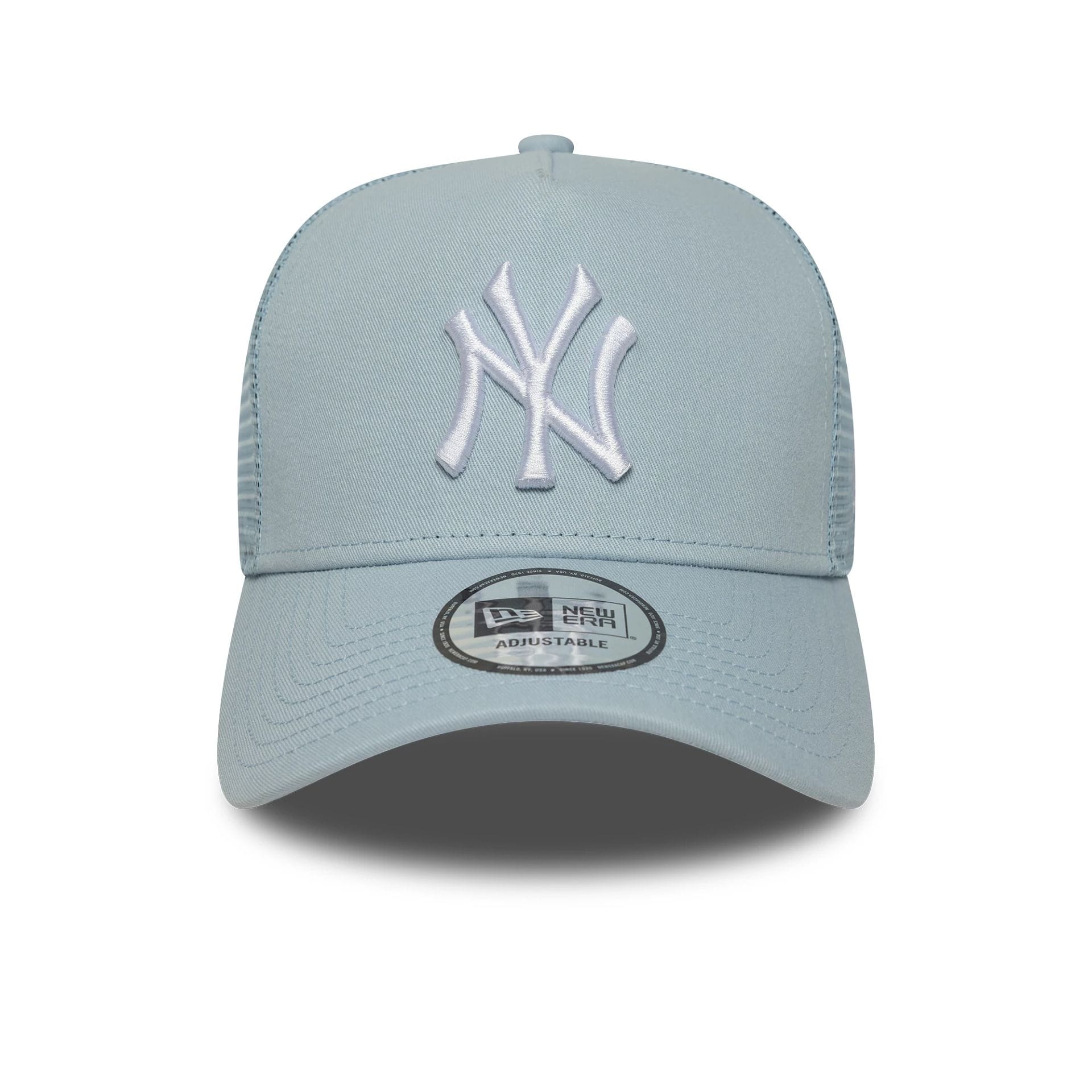 This is a New York Yankees MLB League Essential Pastel Blue 9FORTY A-Frame Trucker Adjustable Cap 2