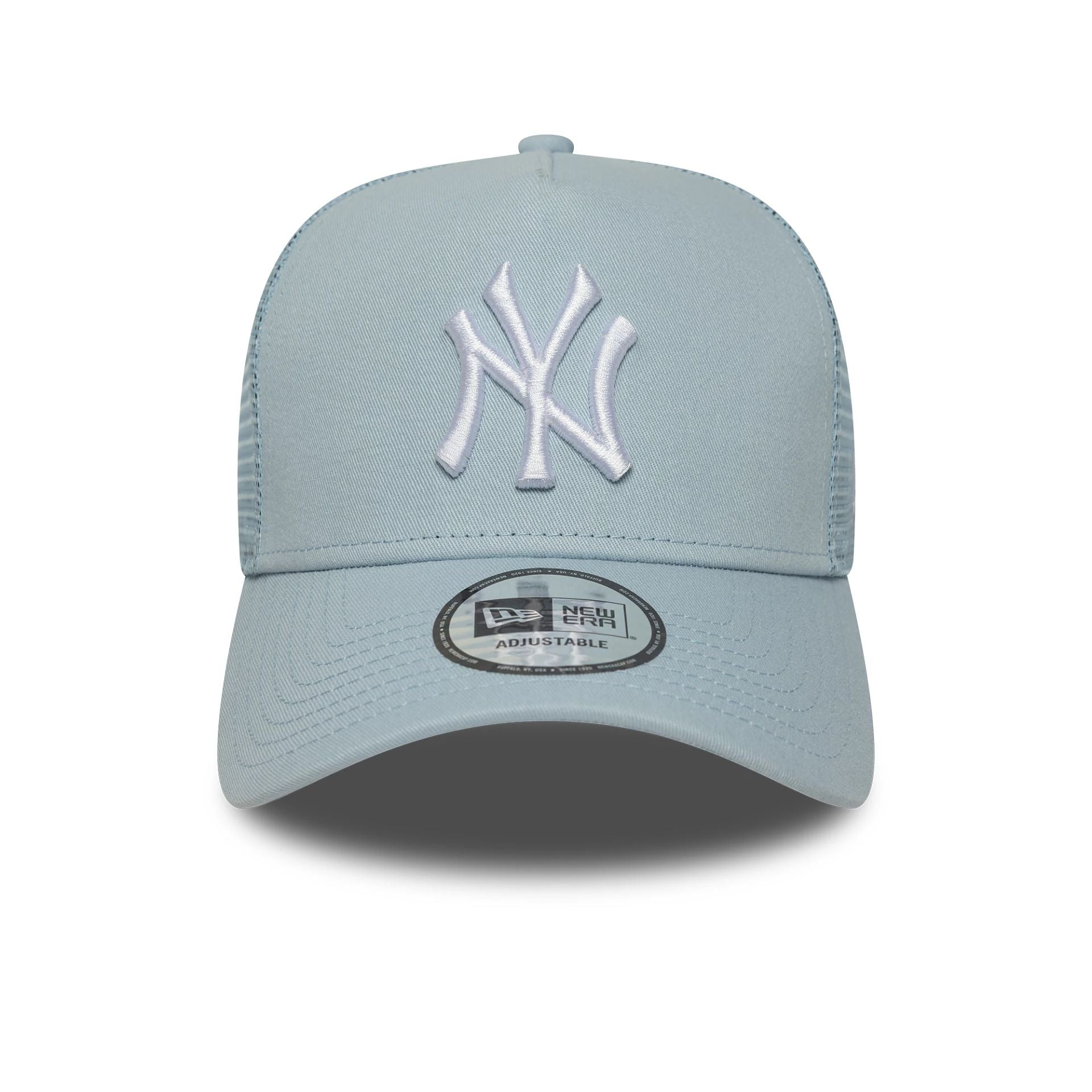 This is a New York Yankees MLB League Essential Pastel Blue 9FORTY A-Frame Trucker Adjustable Cap 2