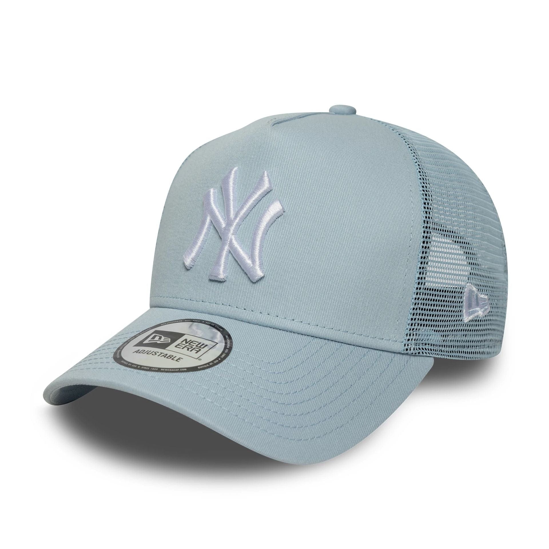 This is a New York Yankees MLB League Essential Pastel Blue 9FORTY A-Frame Trucker Adjustable Cap 1