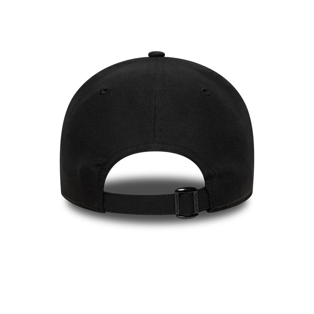New York Yankees Tonal Flawless Black New Era 9FORTY Adjustable Cap, rear view showing a curved black visor, black adjustable strap with a metal buckle at the back, and tonal eyelets with a black top button.