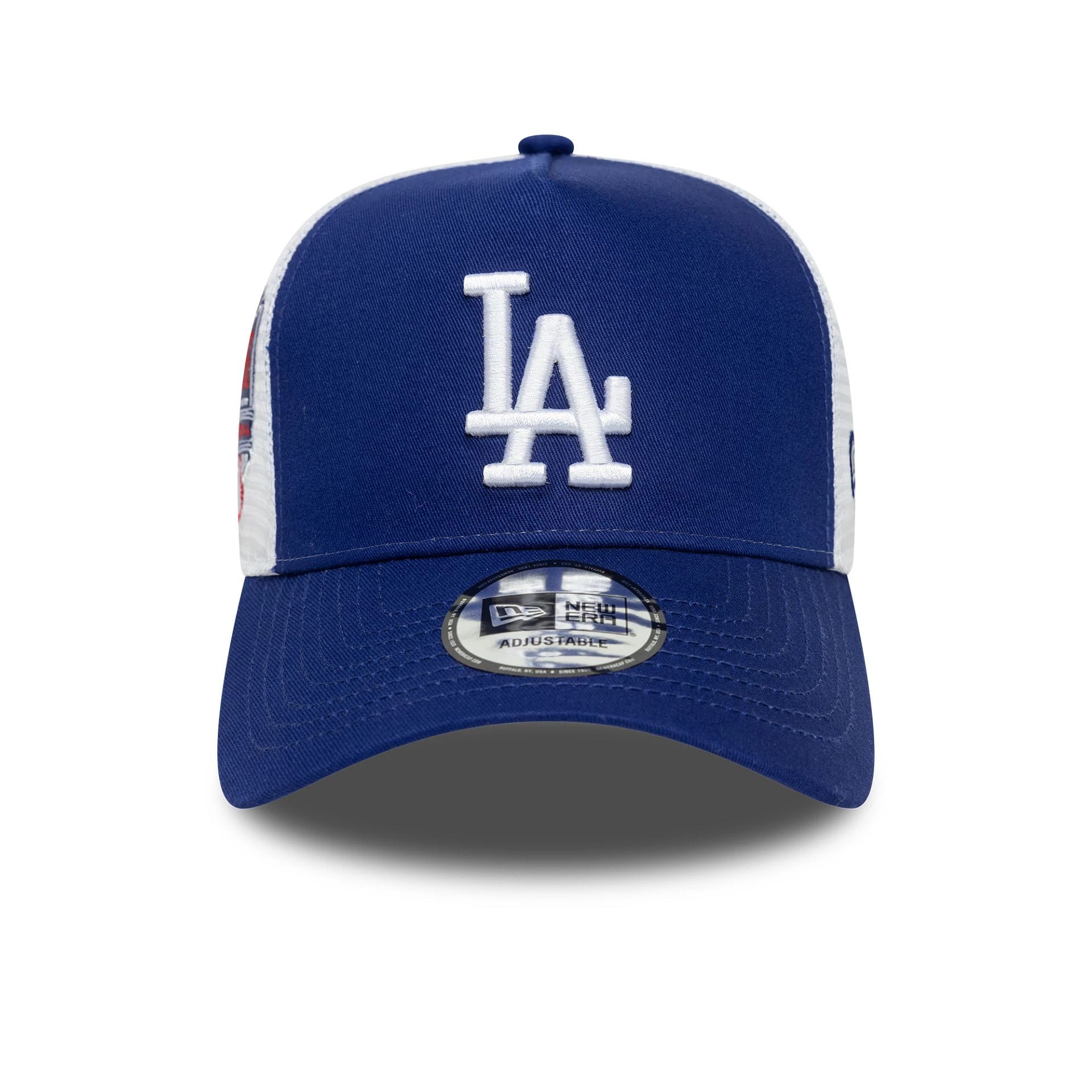 This is a LA Dodgers MLB Side Patch Dark Blue 9FORTY A-Frame Trucker Adjustable Cap 2