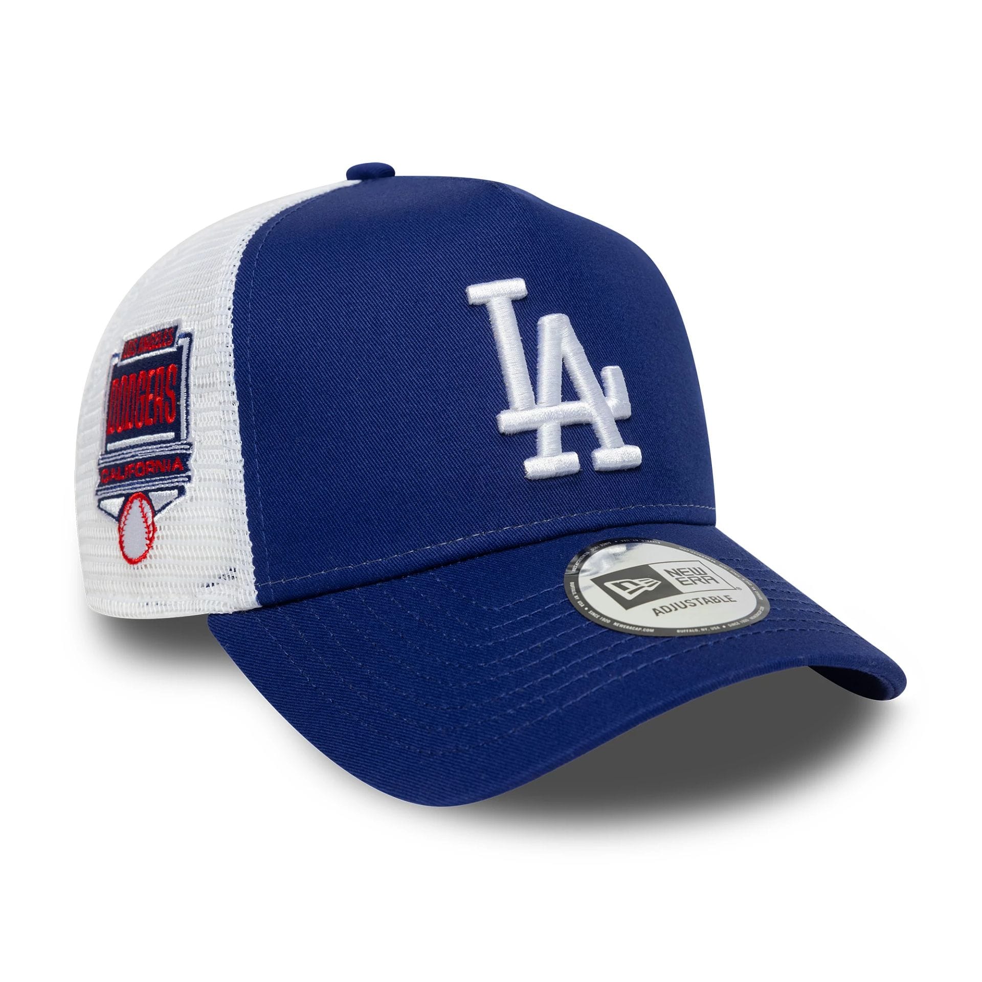 This is a LA Dodgers MLB Side Patch Dark Blue 9FORTY A-Frame Trucker Adjustable Cap 1