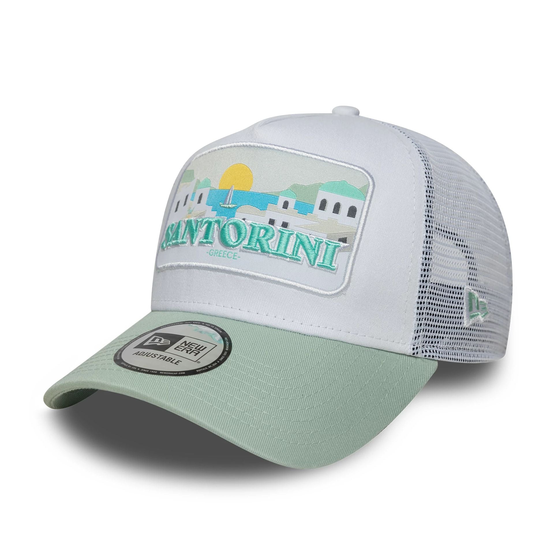This is a New Era Summer Santorini Pastel Green 9FORTY A-Frame Trucker Adjustable Cap 1