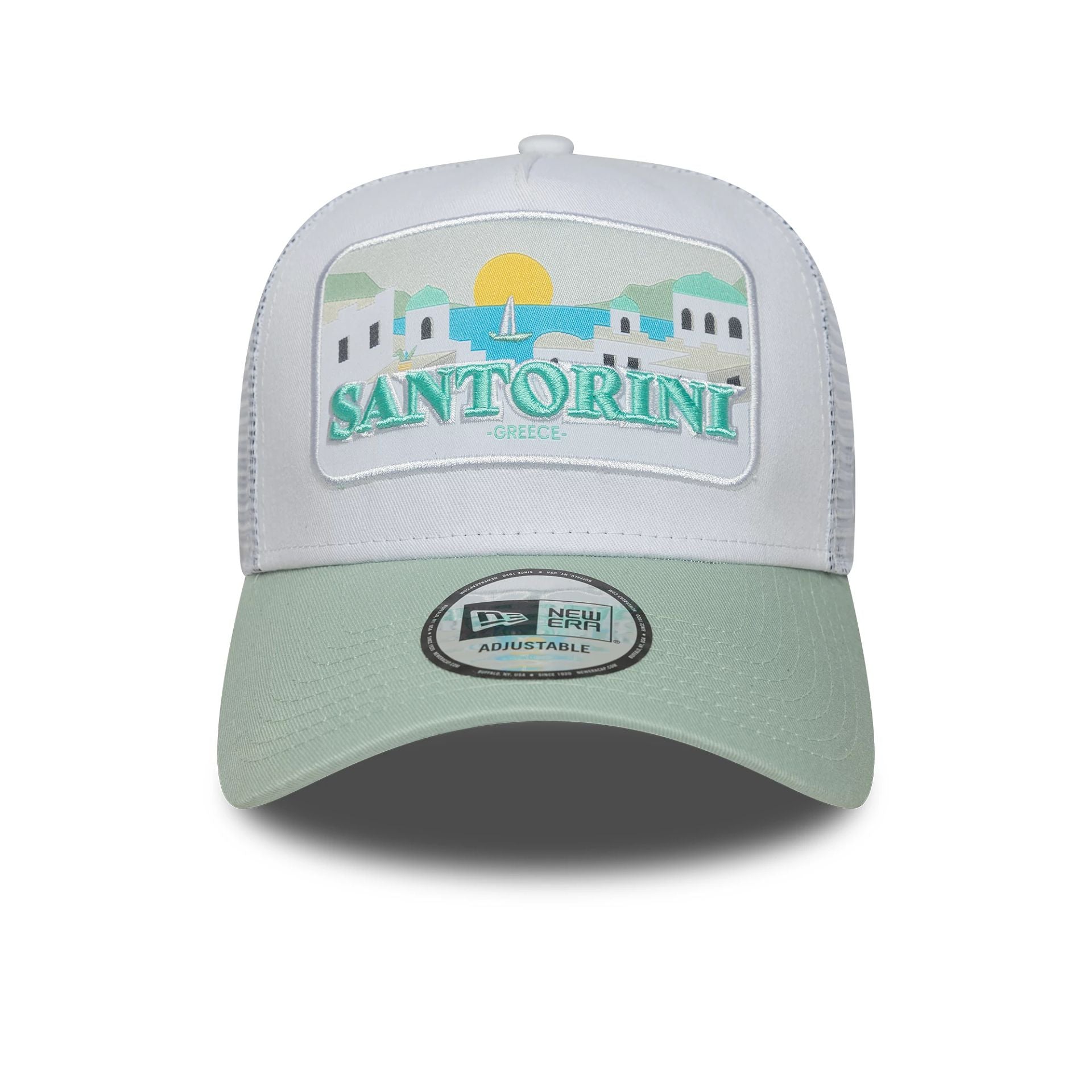 This is a New Era Summer Santorini Pastel Green 9FORTY A-Frame Trucker Adjustable Cap 2