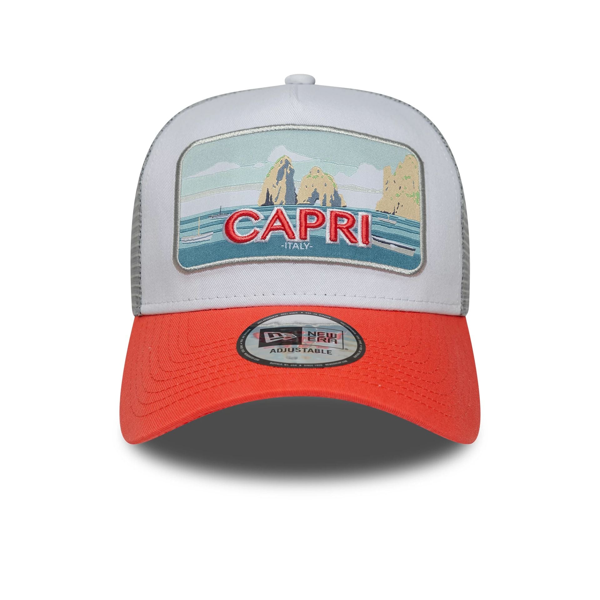 This is a New Era Summer Capri Orange 9FORTY A-Frame Trucker Adjustable Cap 2