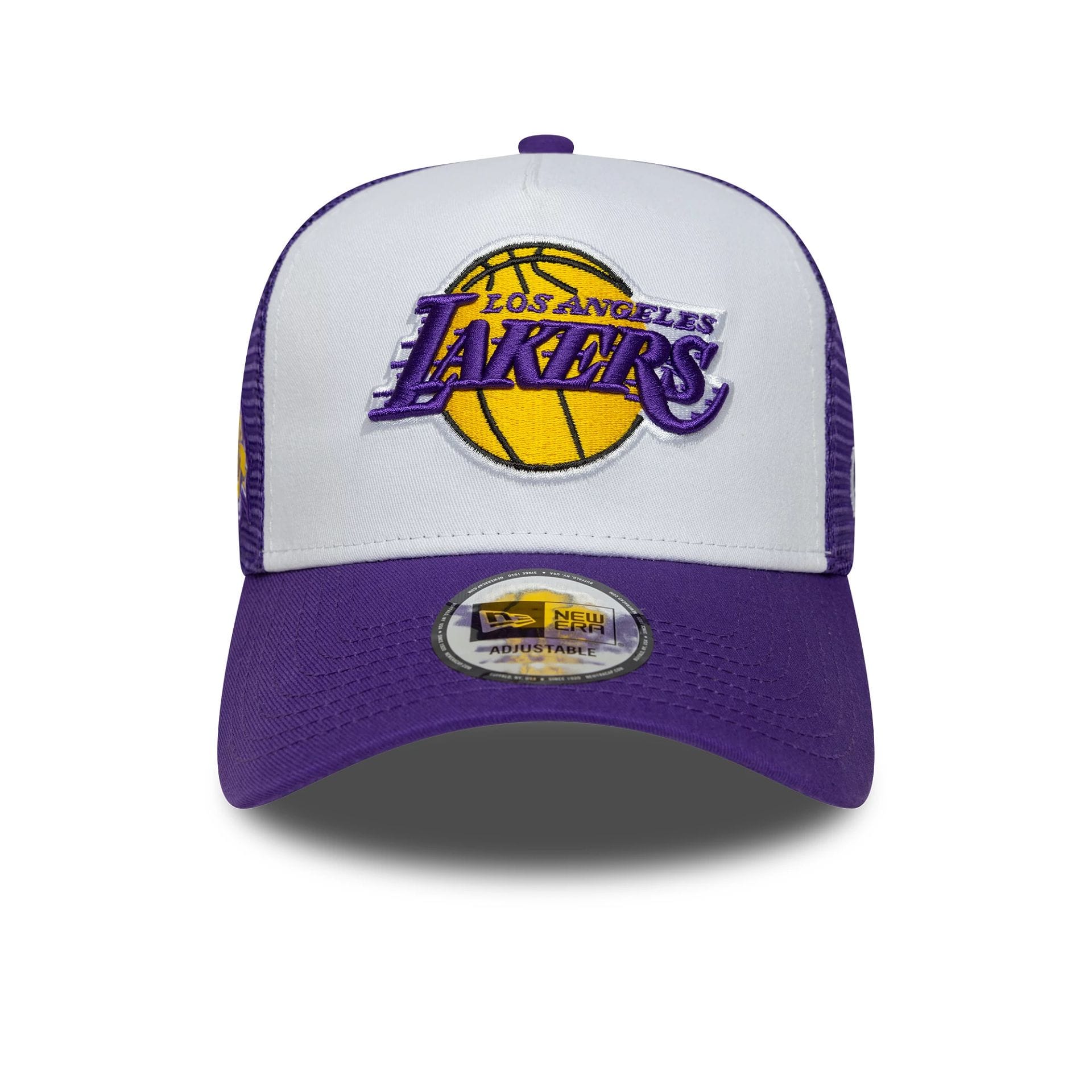 This is a LA Lakers NBA Side Patch Purple 9FORTY A-Frame Trucker Adjustable Cap 2