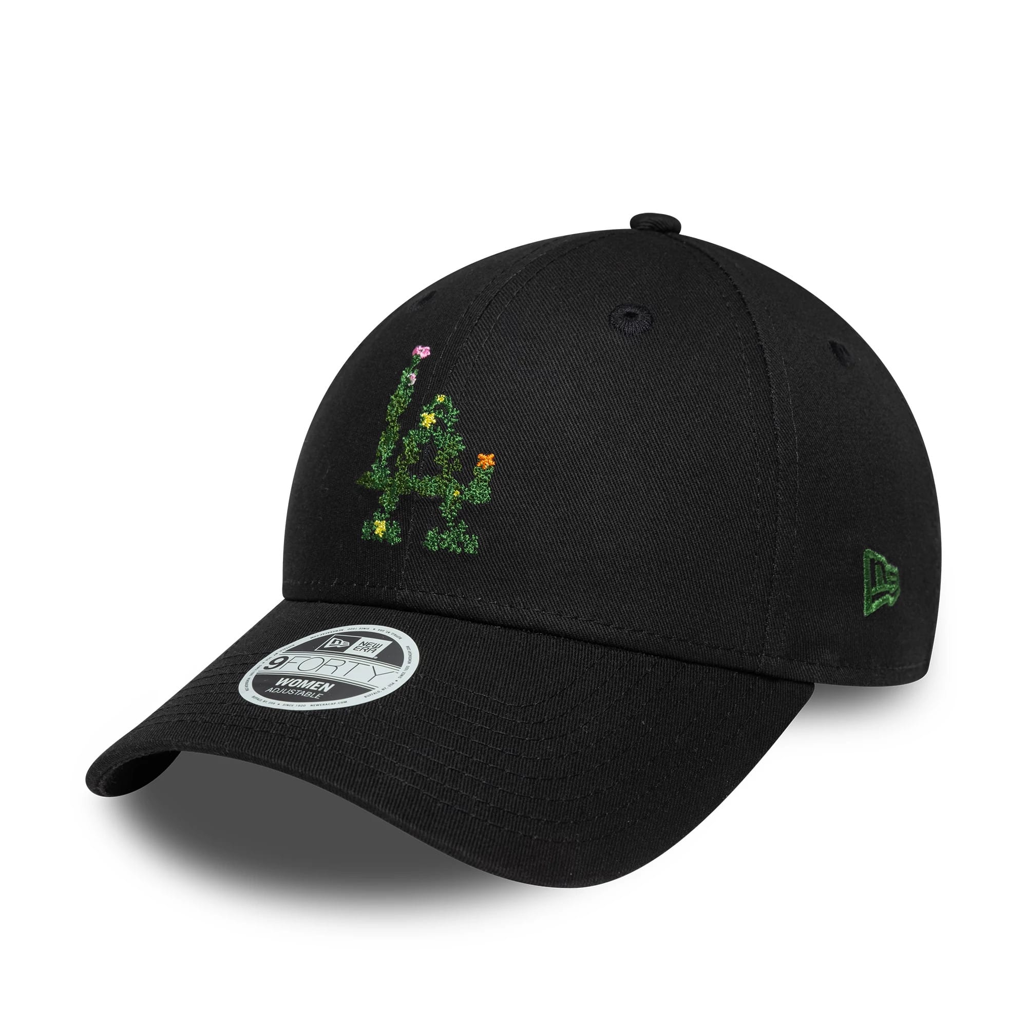 LA Dodgers Womens MLB Floral Infill Black New Era 9FORTY Adjustable Cap, three-quarter view showing an embroidered floral LA logo on the front panel, a 9FORTY size sticker on the curved visor, and a green New Era flag logo on the left side.