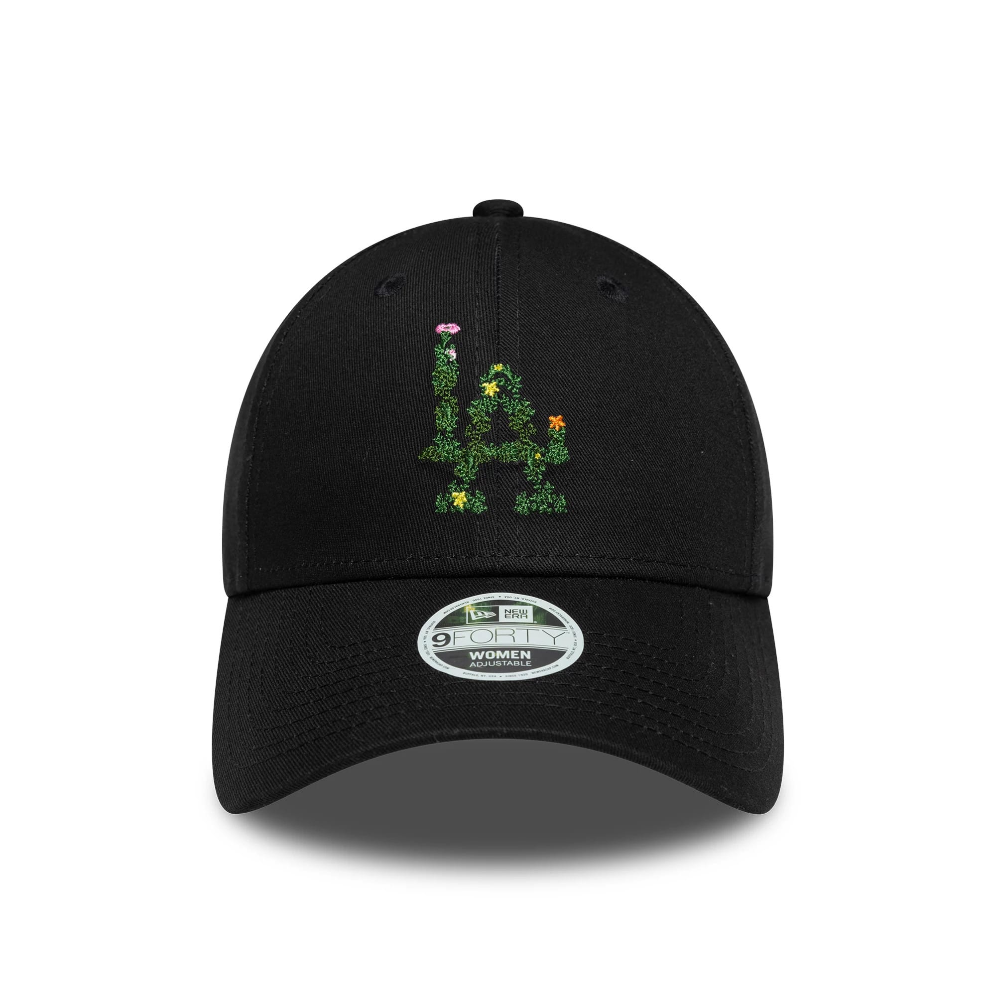 Pictured is this Womens MLB Floral Infill LA Dodgers 9FORTY cap in black. 2