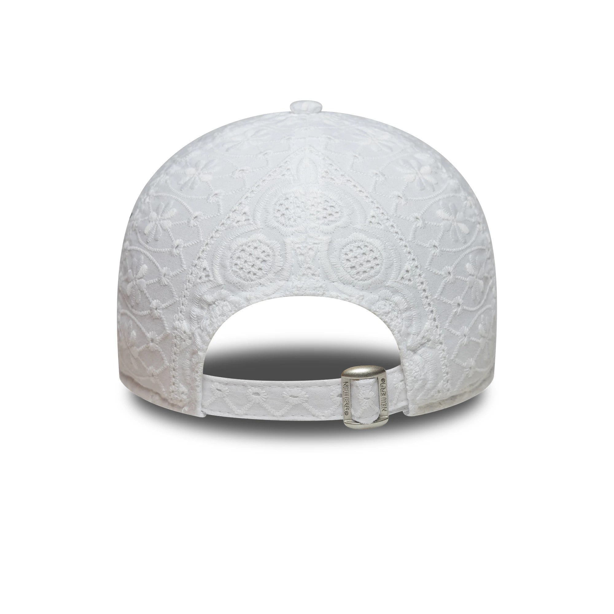 New York Yankees Womens MLB Broderie White New Era 9TWENTY Adjustable Cap, rear view showing intricate embroidered floral patterns on the white crown with an adjustable strap at the back featuring a metal buckle.