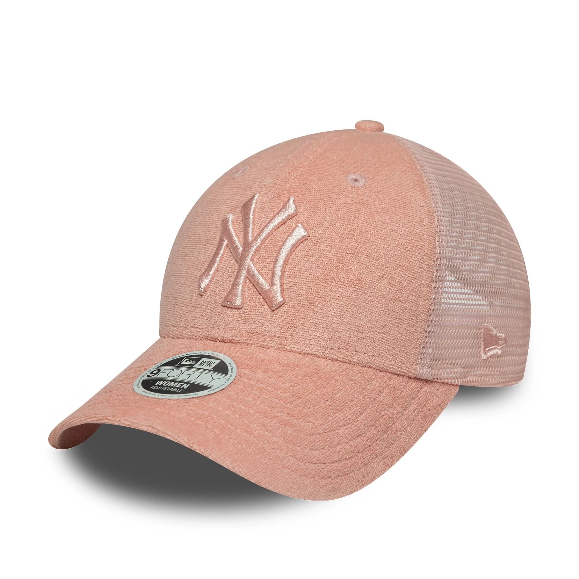 This is a New York Yankees Womens Fabric Pastel Pink 9FORTY Trucker Adjustable Cap 1