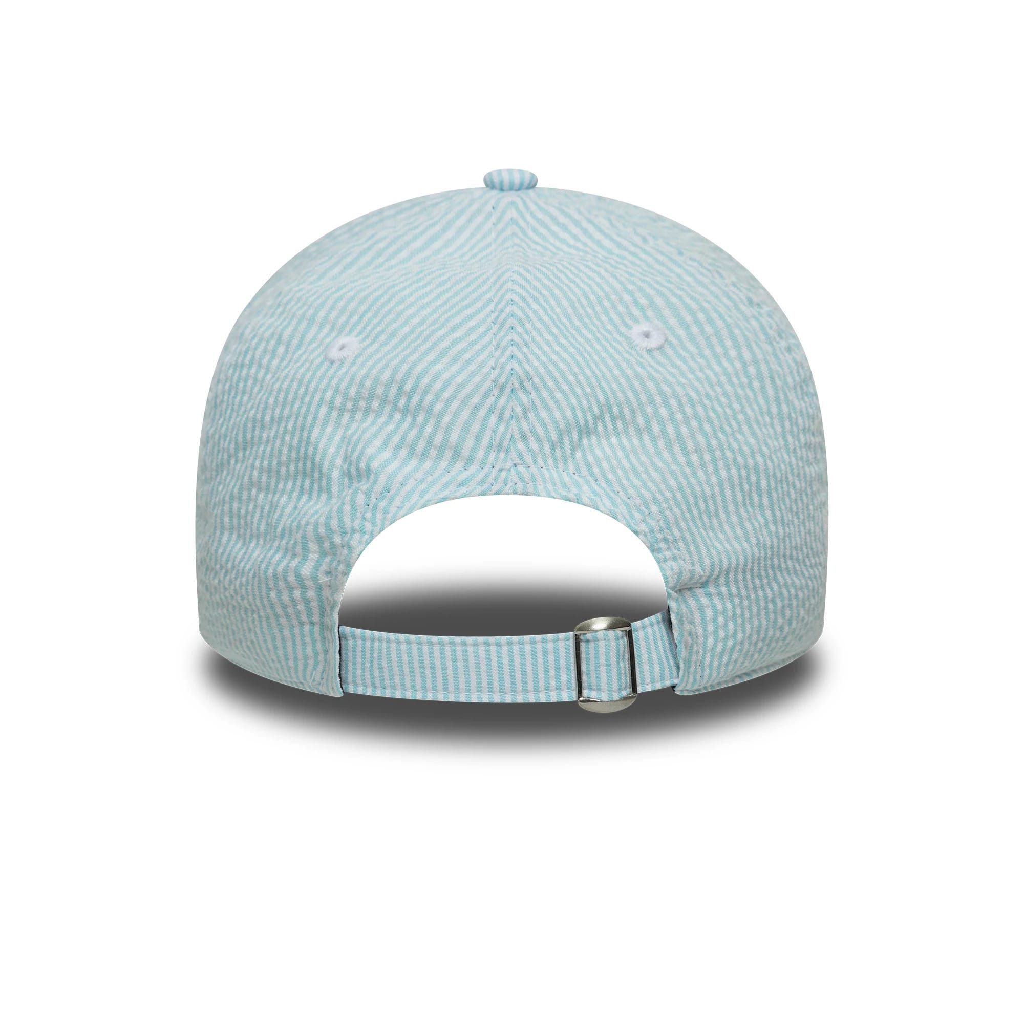 LA Dodgers MLB Seersucker Pastel Blue New Era 9TWENTY Adjustable Cap, rear view showing the pastel blue and white striped pattern, adjustable strap with buckle, and top button, all on a softly structured crown.