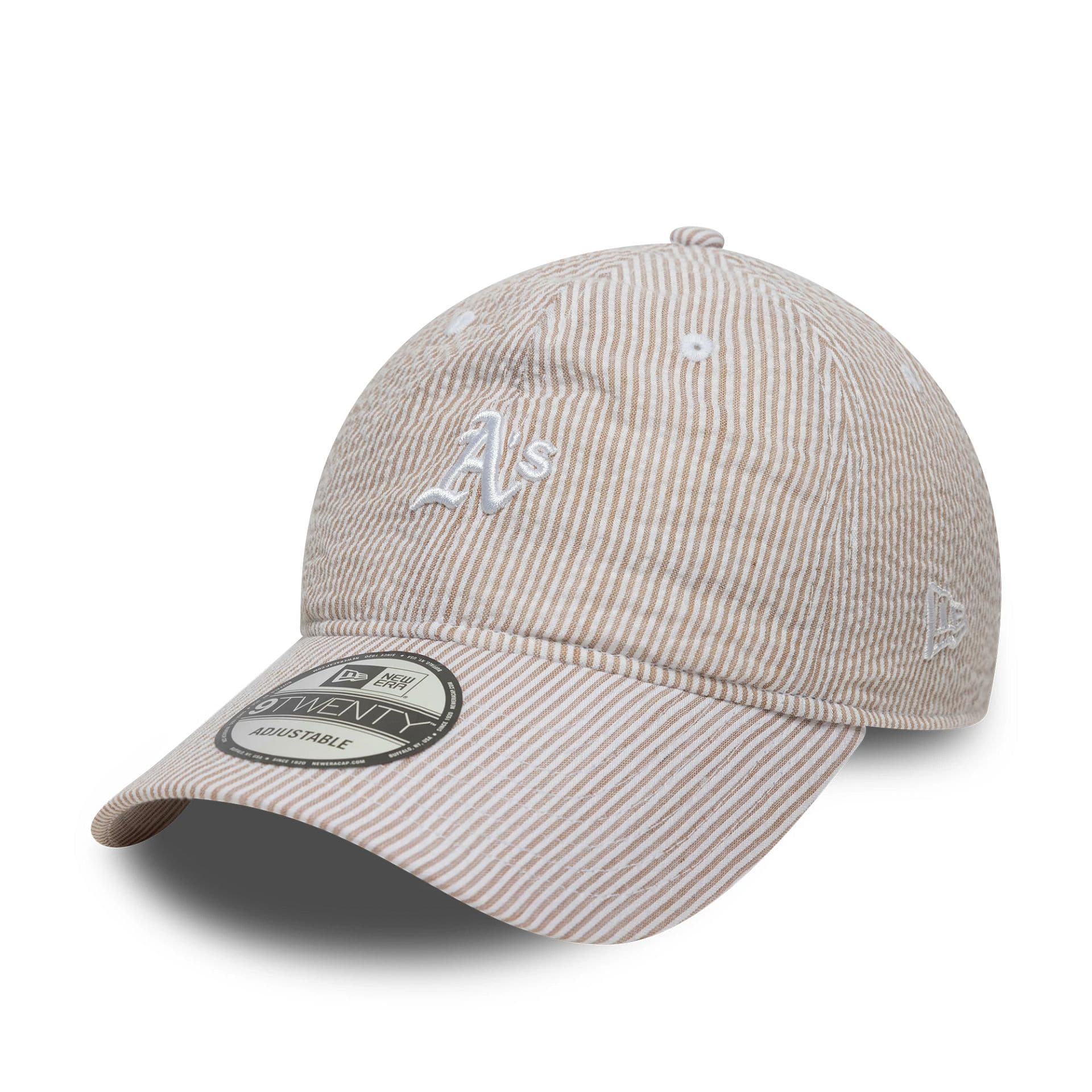Pictured is this MLB Seersucker Athletics 9TWENTY cap in light beige. 1