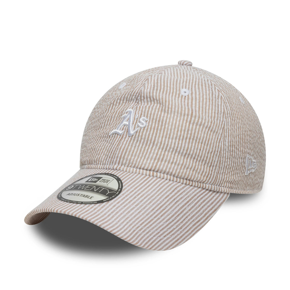 Athletics MLB Seersucker Light Beige New Era 9TWENTY Adjustable Cap, three-quarter view showing the white embroidered A's logo on the front panel, with a curved visor and 9TWENTY size sticker, striped fabric pattern, and eyelets.