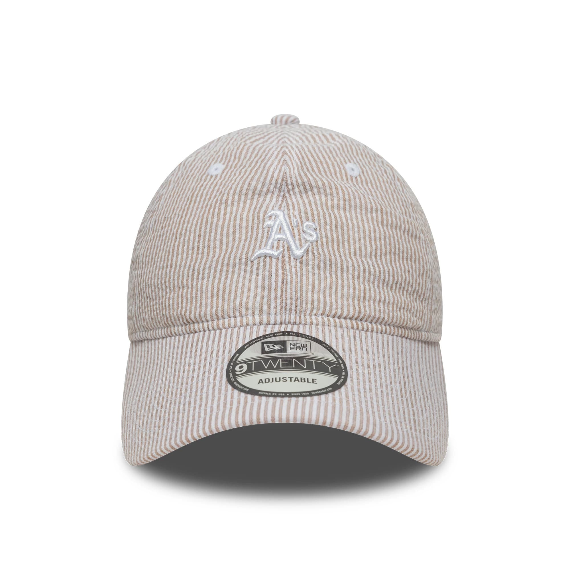 Athletics MLB Seersucker Light Beige New Era 9TWENTY Adjustable Cap, front view showing the white embroidered A’s logo on the front panel, with a 9TWENTY size sticker on the light beige striped visor.