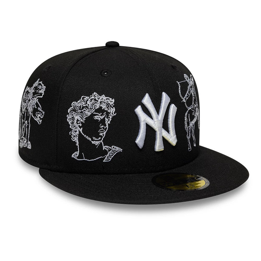 New York Yankees MLB Mythical Black New Era 59FIFTY Fitted Cap, three-quarter view showing the raised white Yankees front logo with mythical creature illustrations on the side panels and a gold 59FIFTY size sticker on the visor.