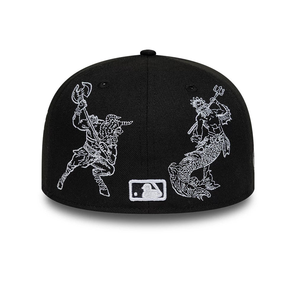 New York Yankees MLB Mythical Black New Era 59FIFTY Fitted Cap, rear view showing white embroidered mythical figures on the back panels and the MLB Batterman logo centred at the bottom of the black crown.