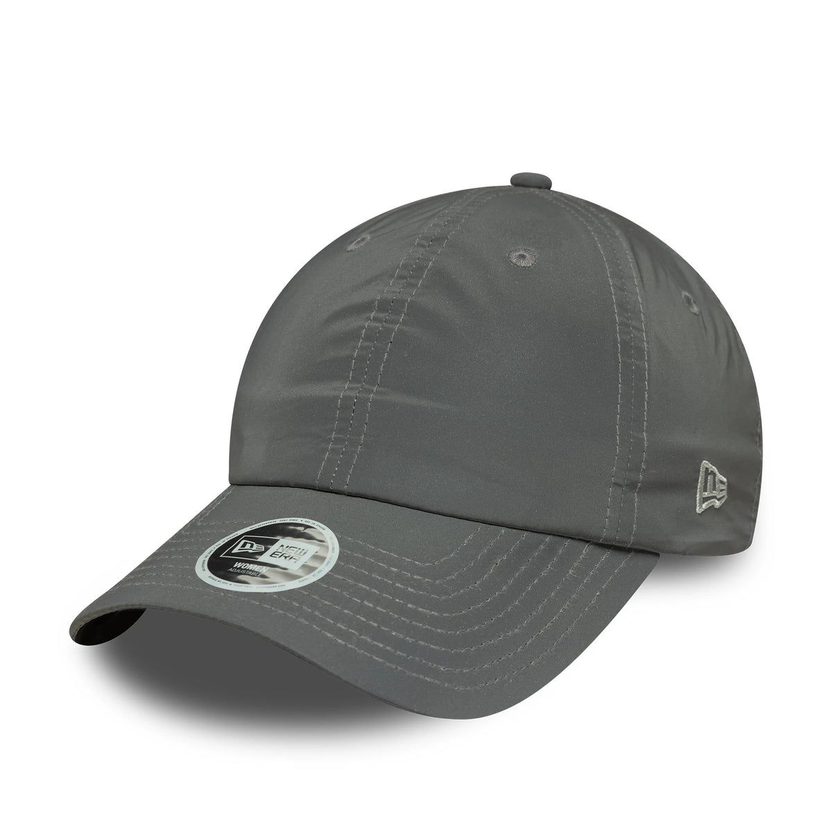 Womens New Era Recycled Reflective Silver Pony Tail Adjustable Cap, three-quarter view showing the 9FORTY size sticker on the curved visor, grey embroidered New Era flag logo on the left side, and grey top button.