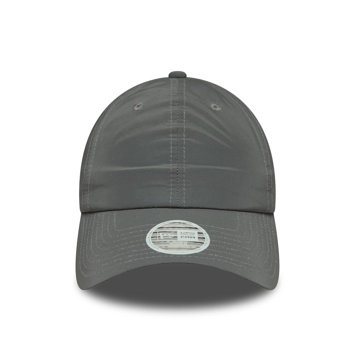 Womens New Era Recycled Reflective Silver Pony Tail Adjustable Cap, front view showing the structured crown with panel seams, eyelets, curved visor, and a grey and white New Era size sticker on top of the visor.