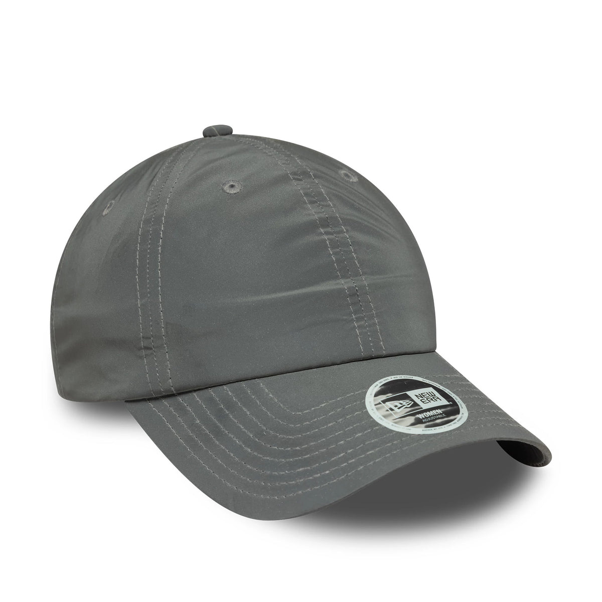 Womens New Era Recycled Reflective Silver Pony Tail Adjustable Cap, front view showing the curved visor with a 9FORTY size sticker and matching grey stitching across the structured top panel.