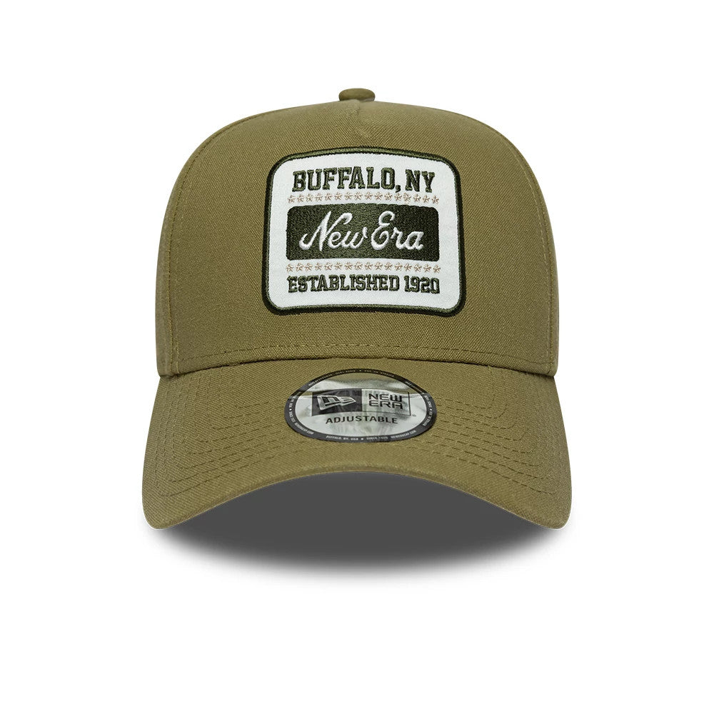 New Era Patch Line Green New Era 9FORTY E-Frame Adjustable Cap, front view showing a white and black embroidered patch with Buffalo, NY New Era Established 1920 on the crown, and a 9FORTY size sticker on the curved visor.