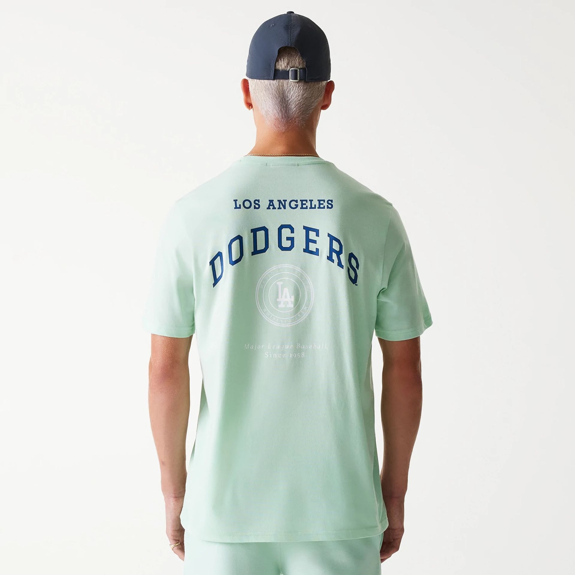 The Male model is wearing LA Dodgers MLB Arch Graphic Pastel Green T-Shirt 2