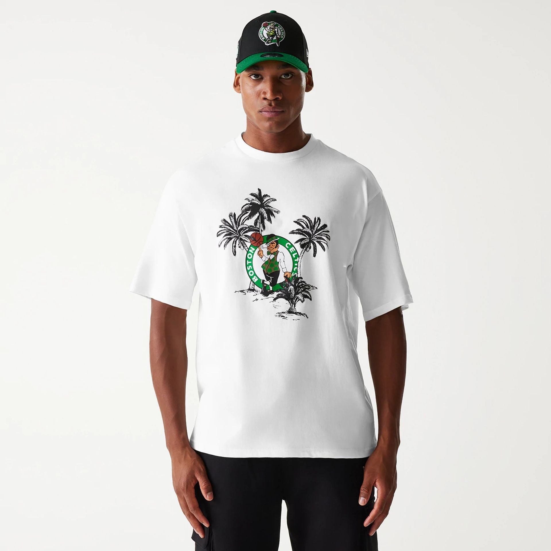The Male model is wearing Boston Celtics NBA Palm Tree Open White Oversized T-Shirt 1