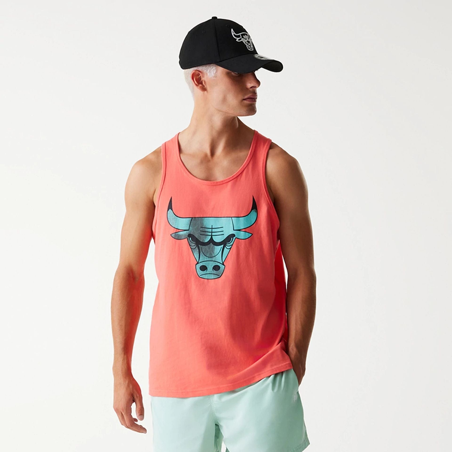 The Male model is wearing Chicago Bulls NBA All Over Print Infill Pink Vest Top 1