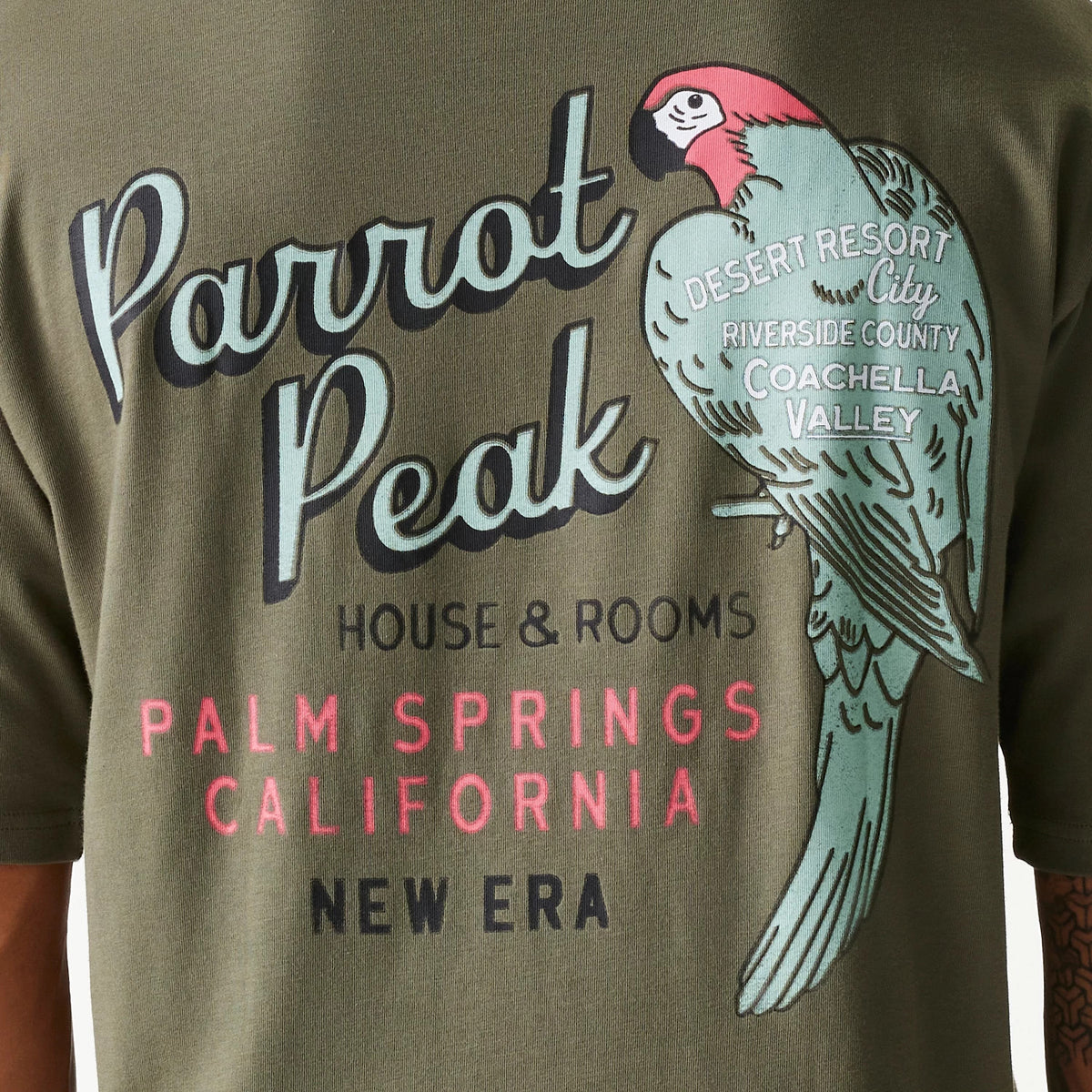New Era Animal Graphic Green Oversized T-Shirt, front view showing a large illustrated parrot graphic with Parrot Peak text in blue and Palm Springs California in pink, and the New Era logo in black at the bottom.