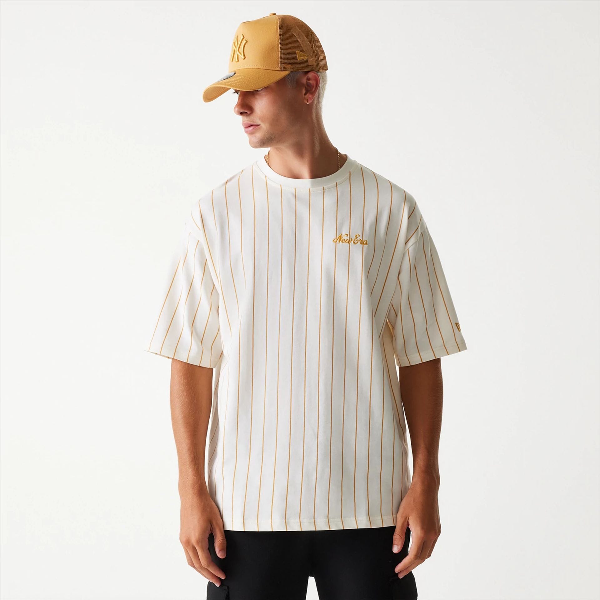 The Male model is wearing New Era Pinstripe Open White Oversized T-Shirt 2