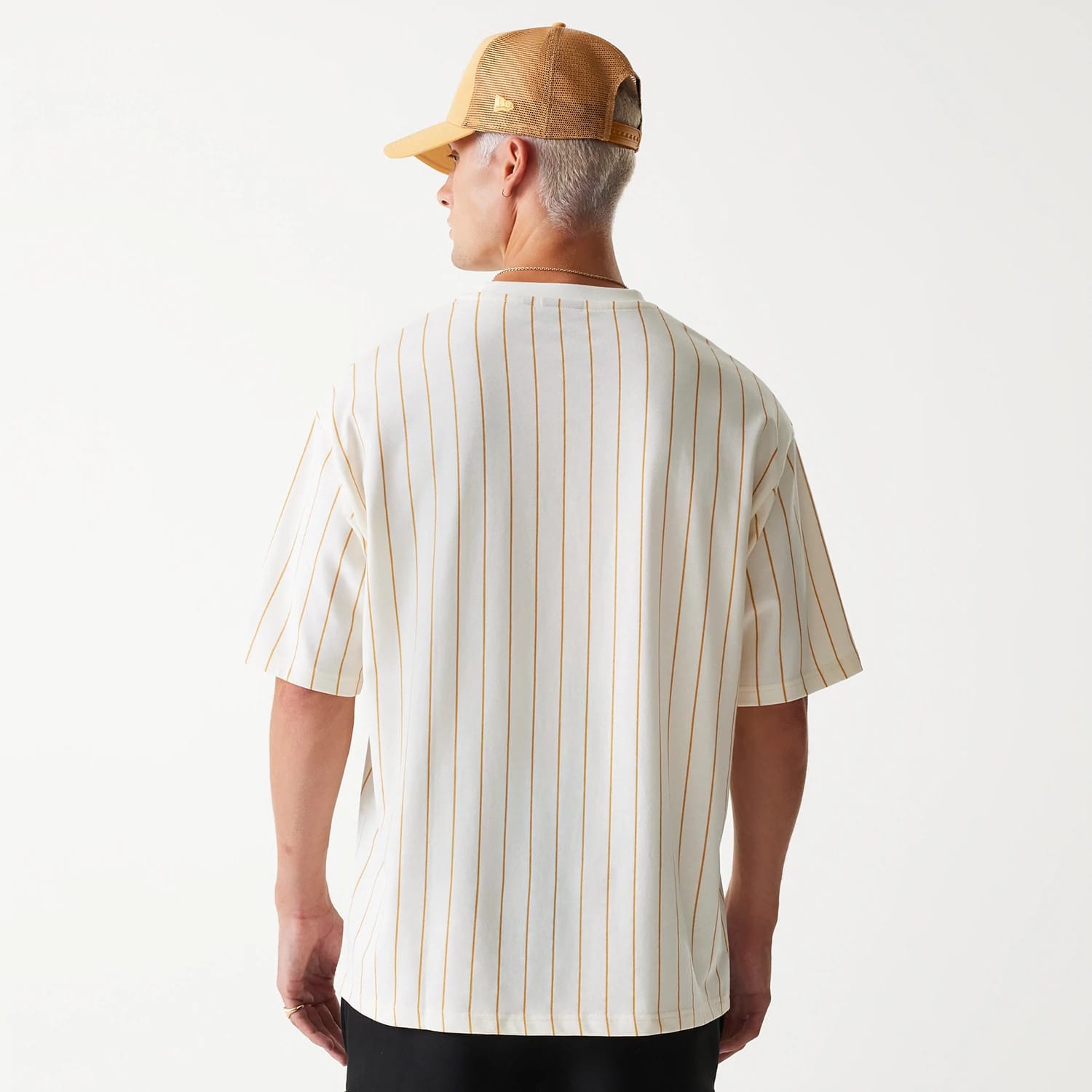 The Male model is wearing New Era Pinstripe Open White Oversized T-Shirt 2