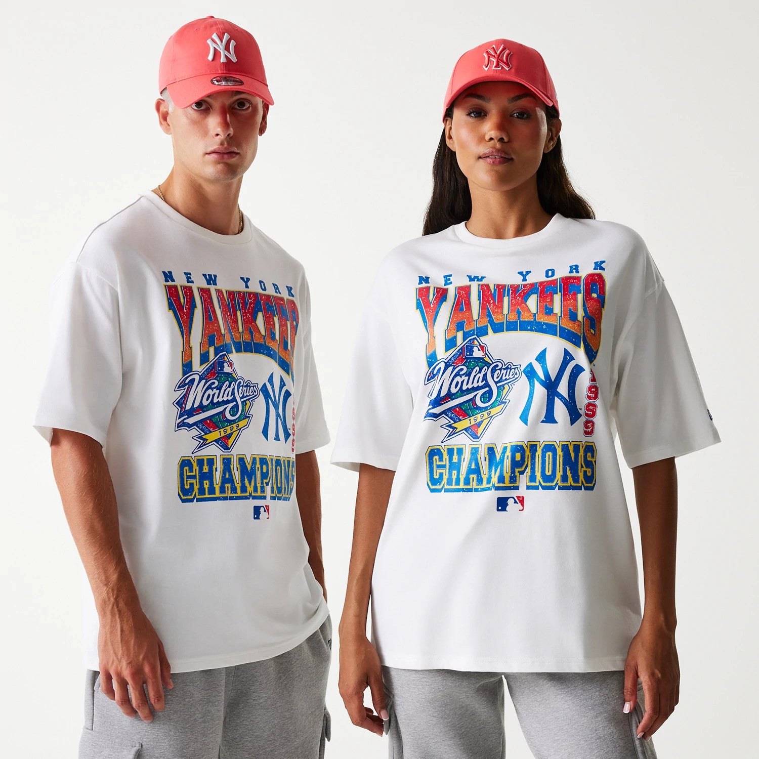The Male model is wearing New York Yankees MLB World Series 1999 White Oversized T-Shirt 1