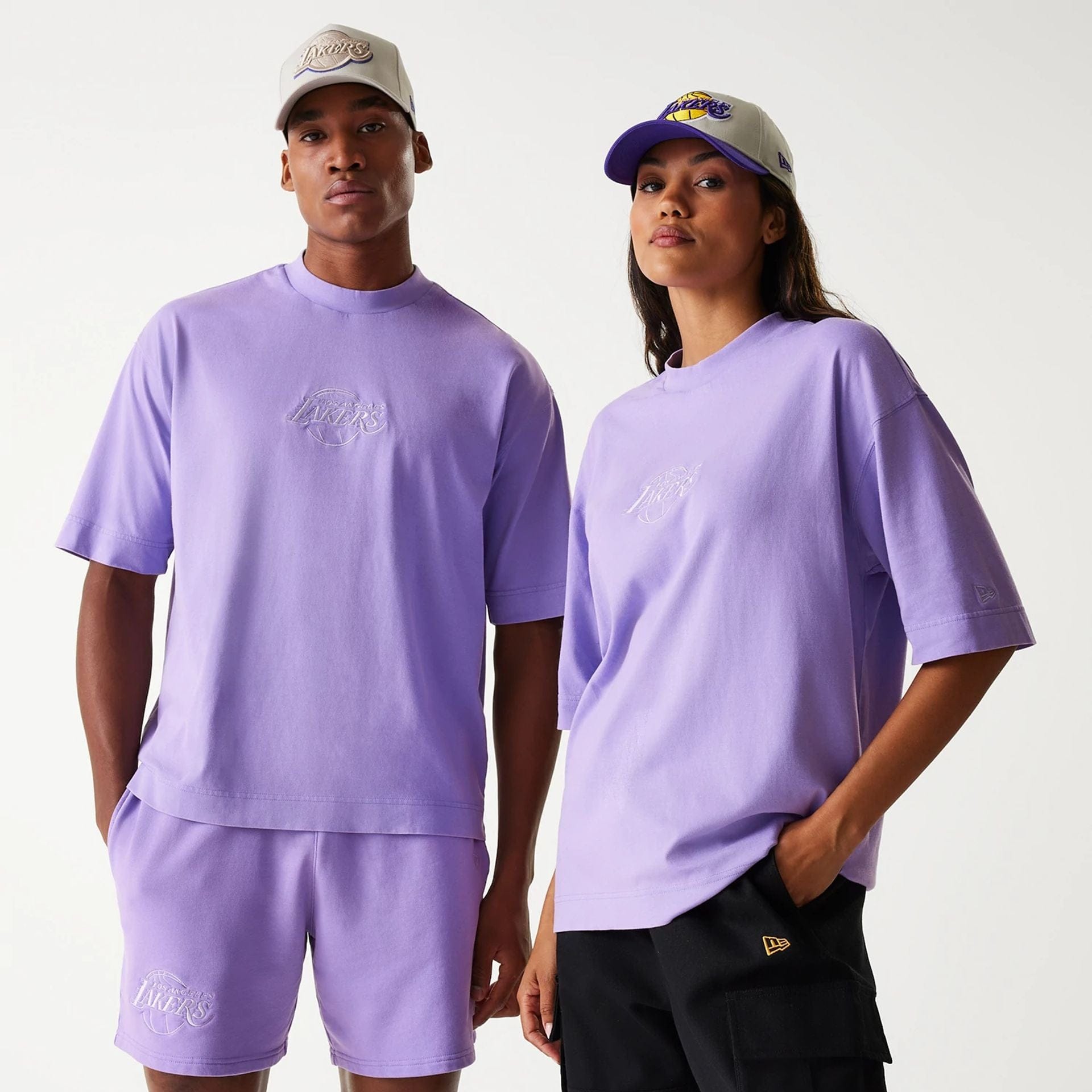 The Male model is wearing LA Lakers NBA Washed Purple Box T-Shirt 1