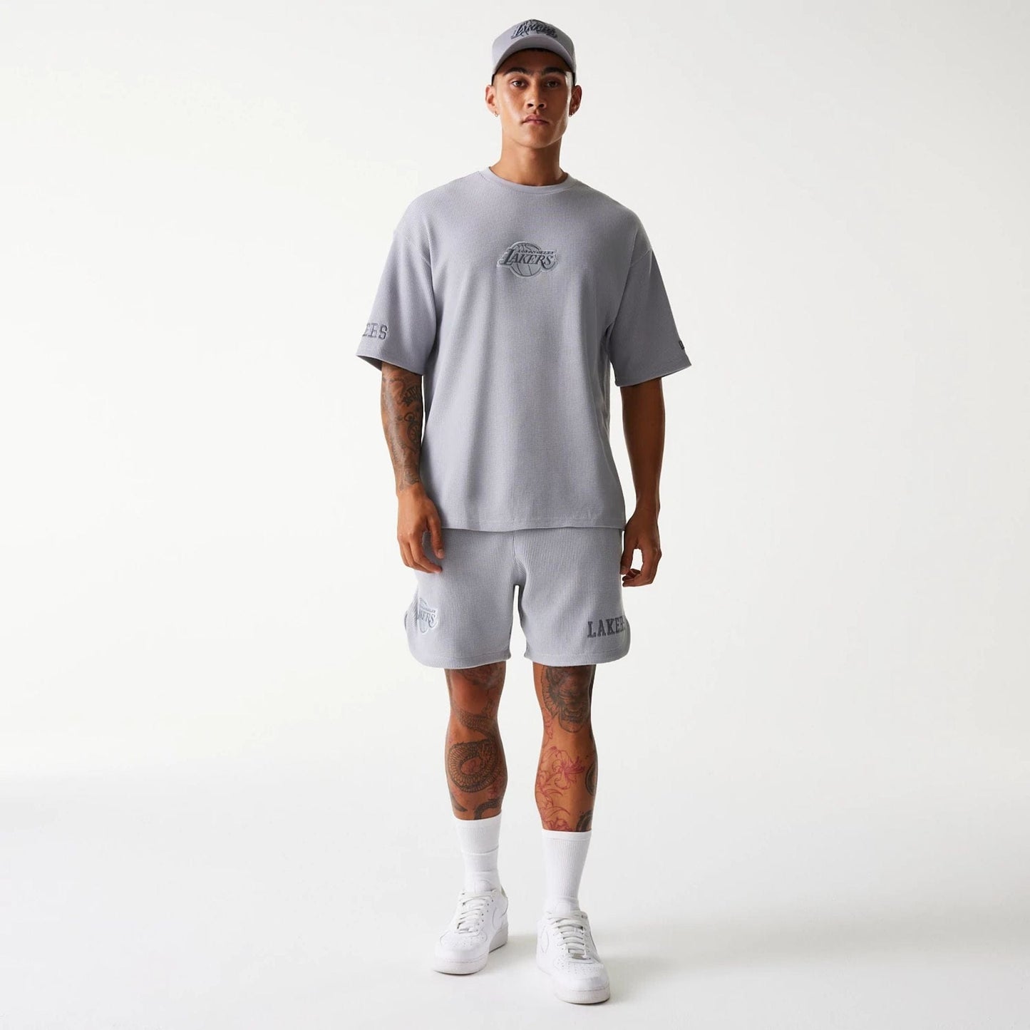 The Male model is wearing LA Lakers NBA Waffle Grey Oversized T-Shirt 8