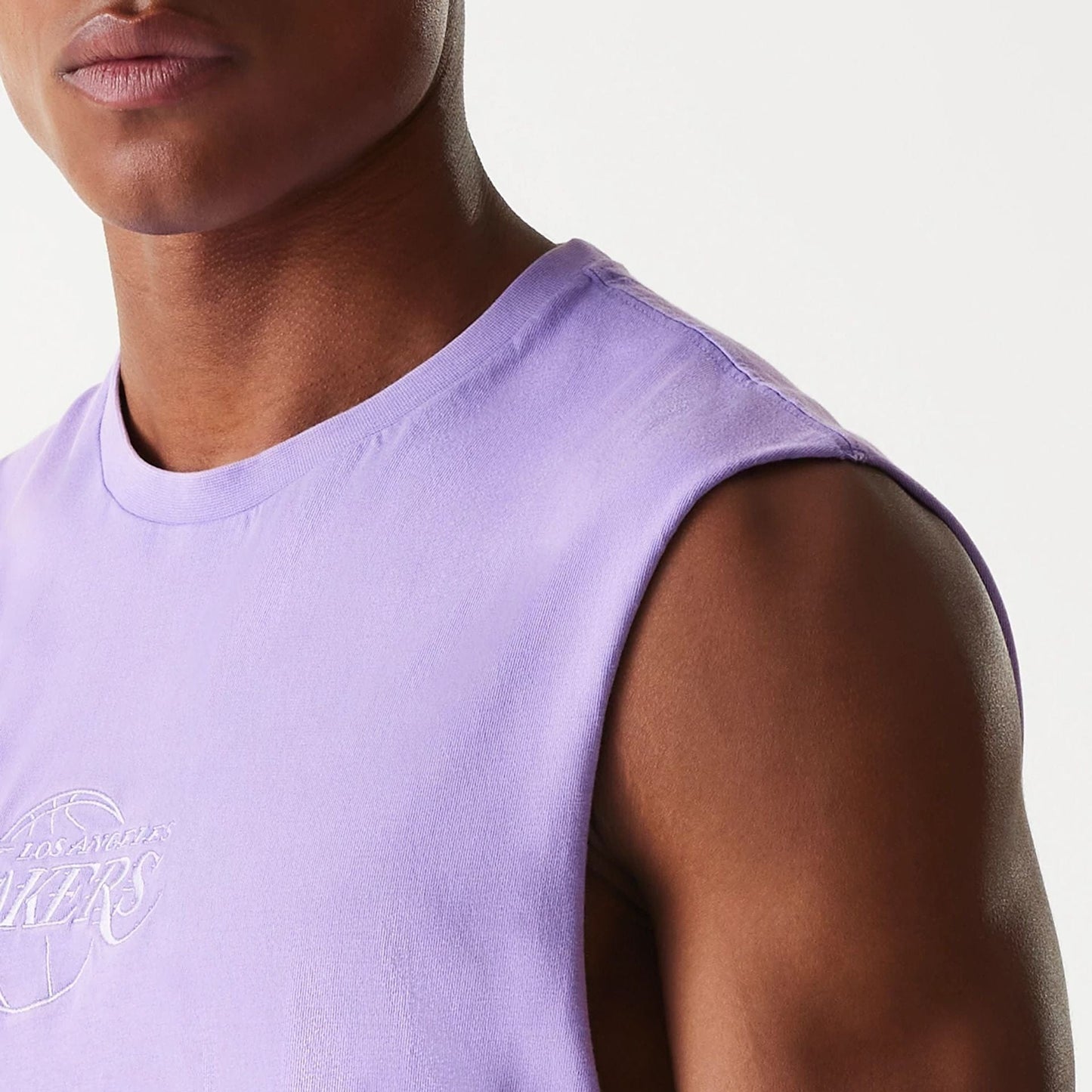 The Male model is wearing LA Lakers NBA Washed Purple Sleeveless T-Shirt 7