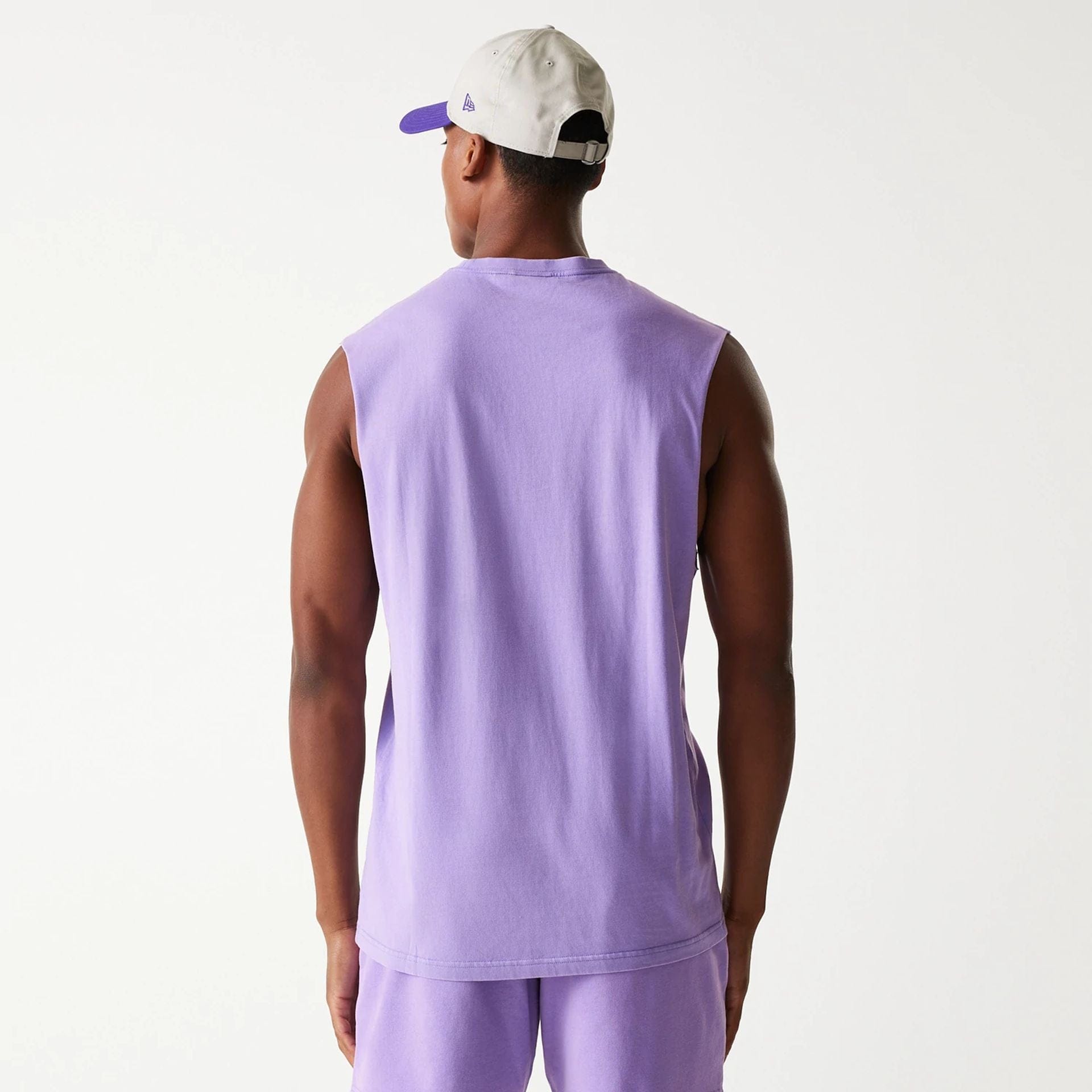 The Male model is wearing LA Lakers NBA Washed Purple Sleeveless T-Shirt 2