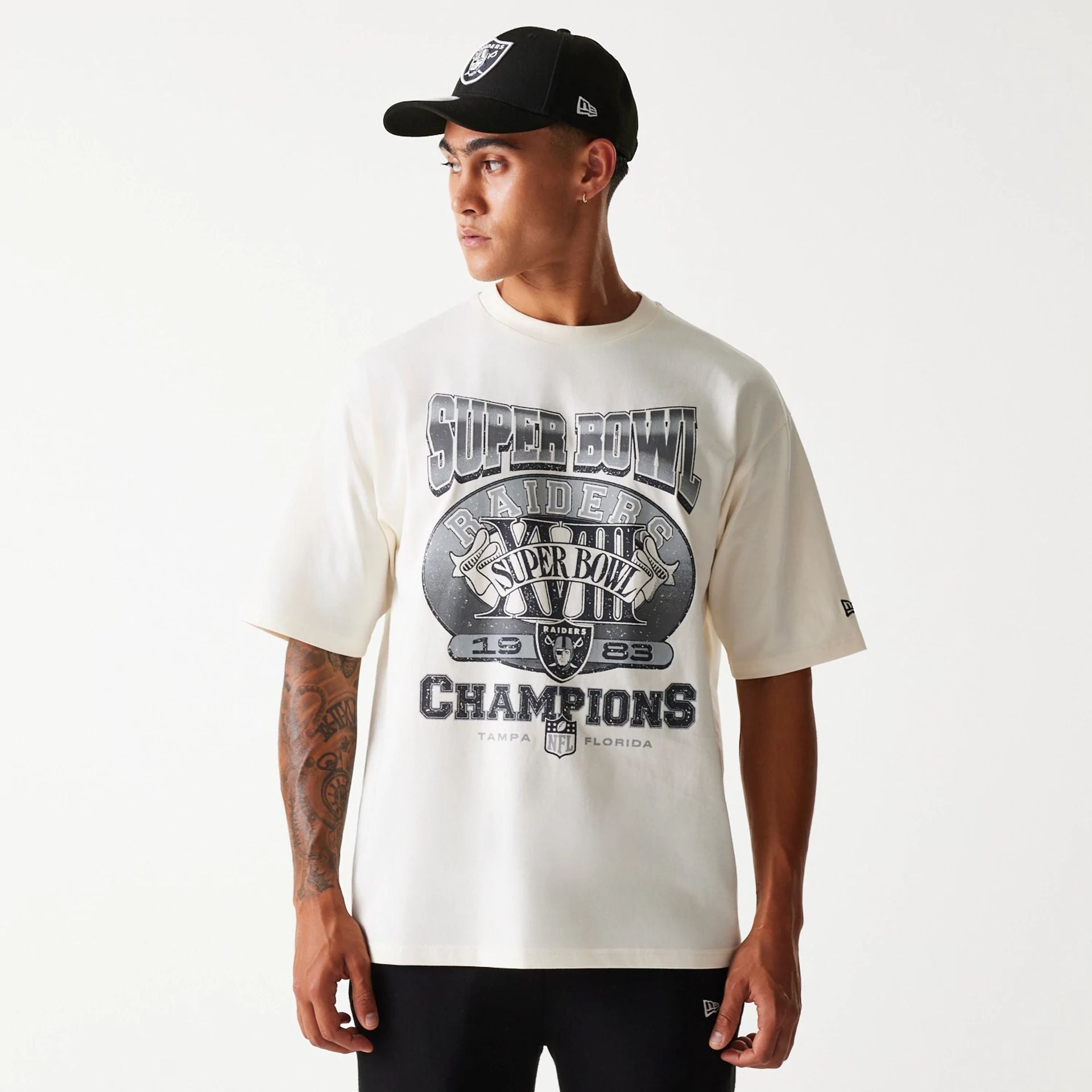 The Male model is wearing Las Vegas Raiders NFL Super Bowl Open White Oversized T-Shirt 1