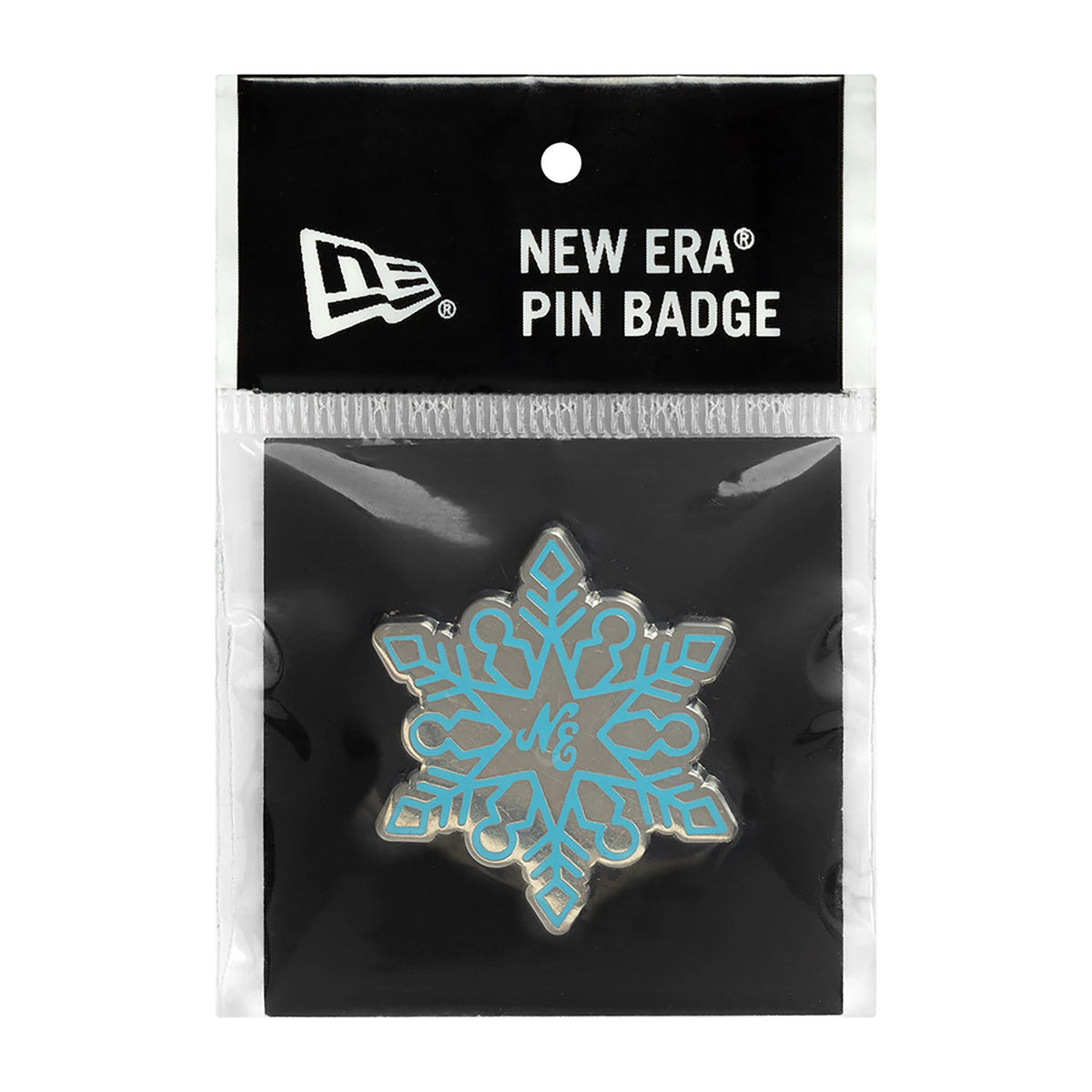 New Era Snowflake Blue Pin Badge, front view showing a blue snowflake design with an embossed NE in the centre, set against black packaging with the New Era logo displayed at the top.